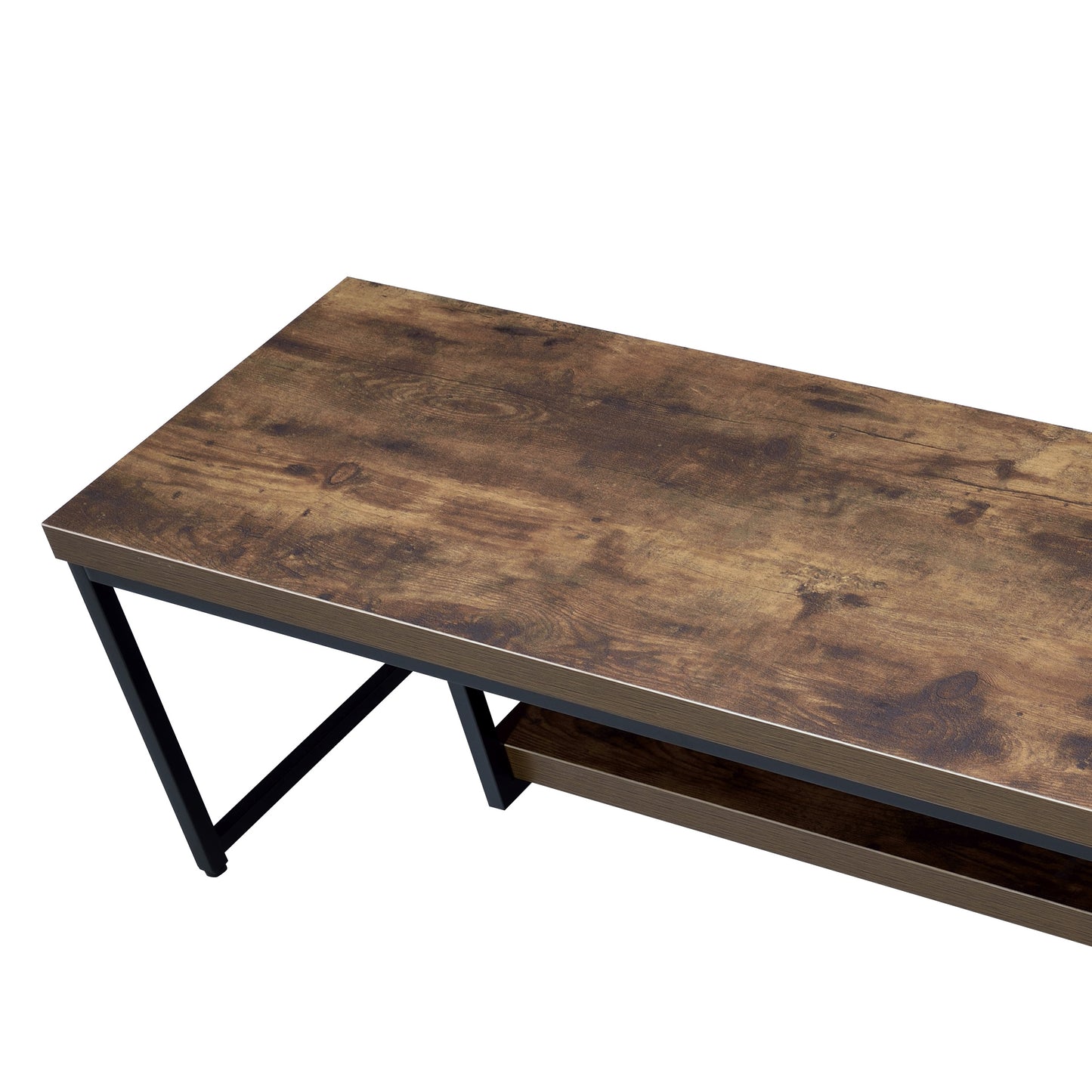 Rustic brown wood grain TV stand with black metal legs and shelf