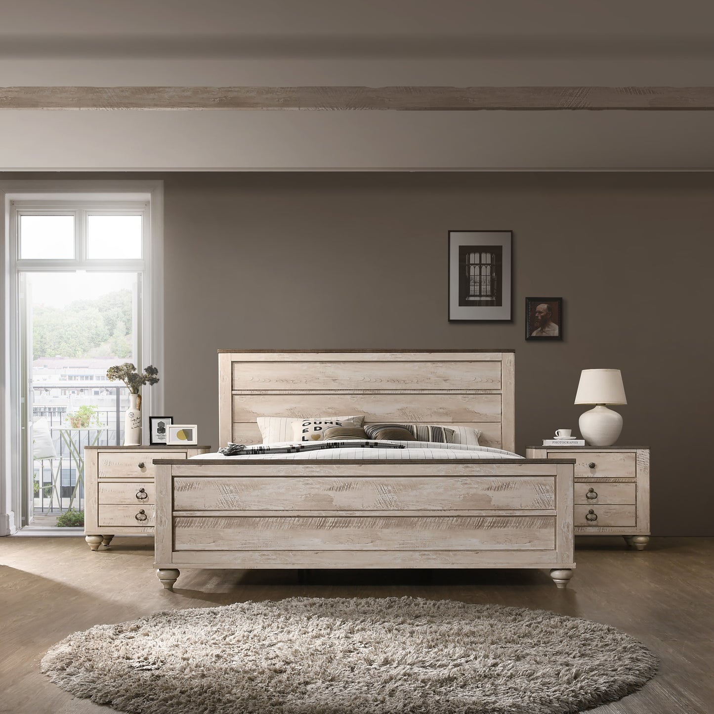 Distressed white wood king bed frame with textured horizontal planks