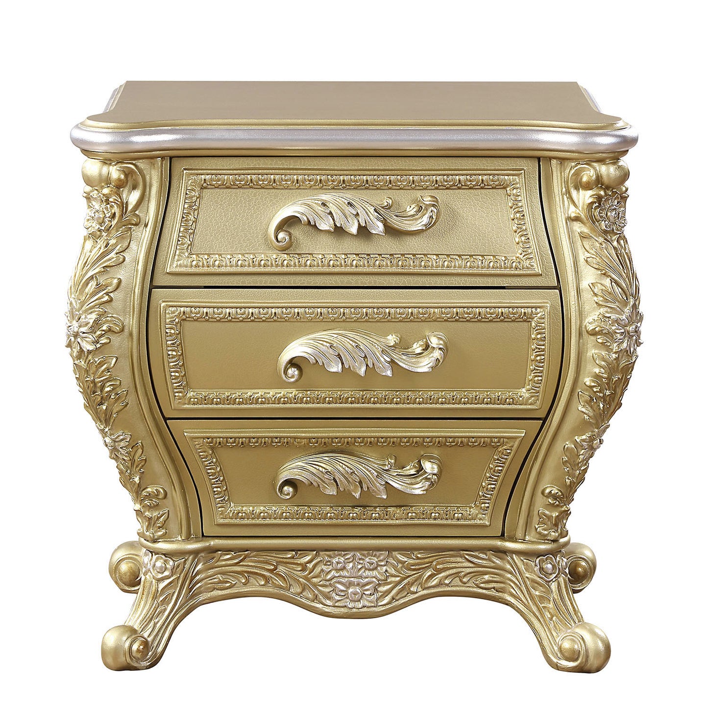 Ornate gold antique nightstand with three carved drawers and cabriole legs
