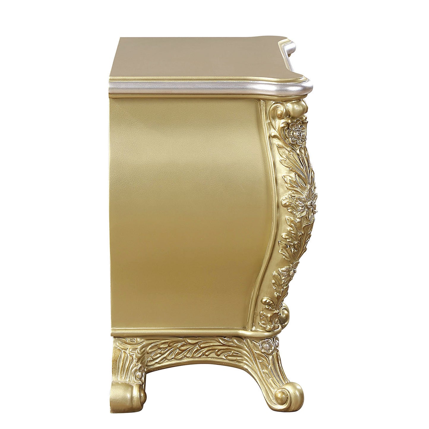 Gold ornate dresser side view with detailed carvings and elegant legs