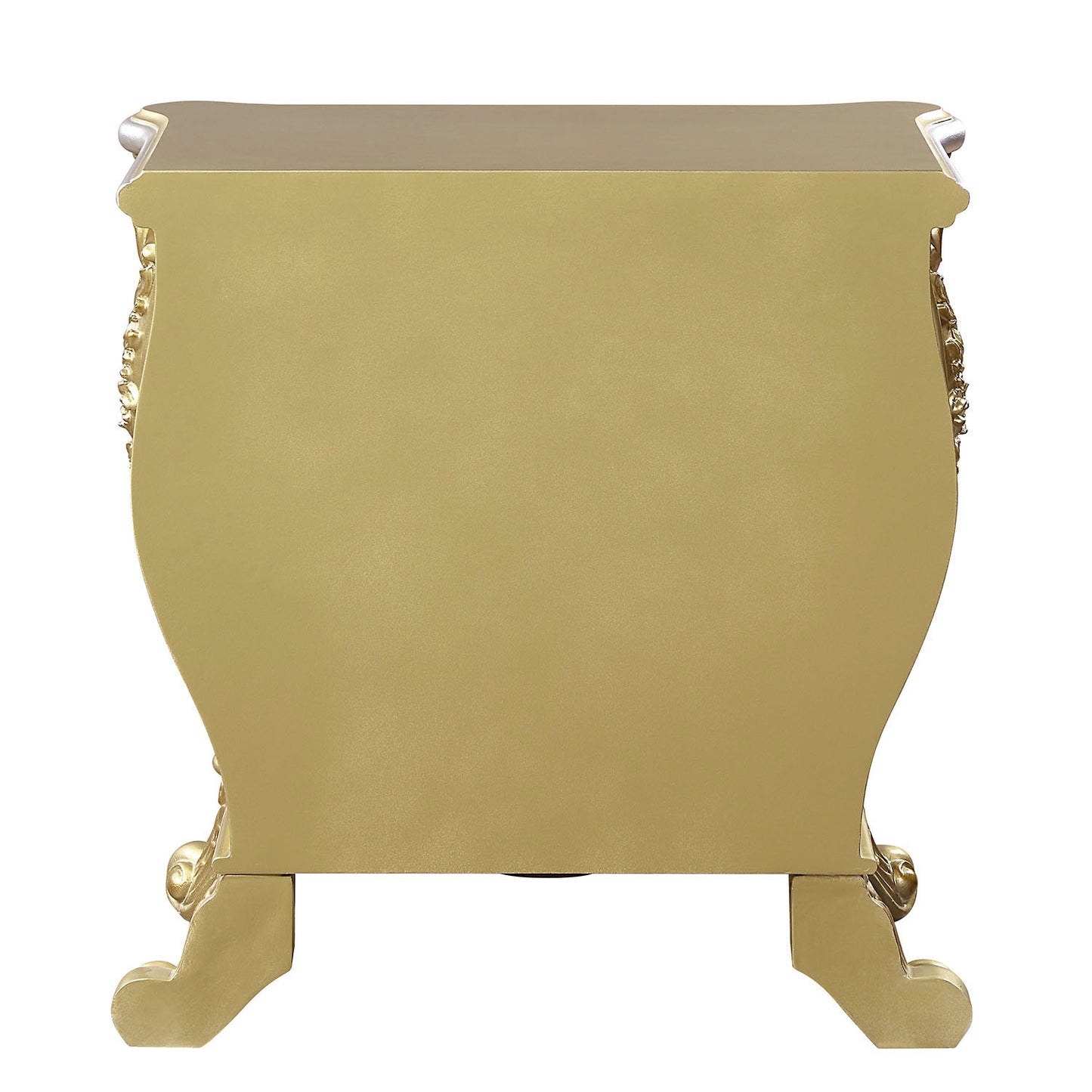 Gold ornate nightstand with curved sides and carved details