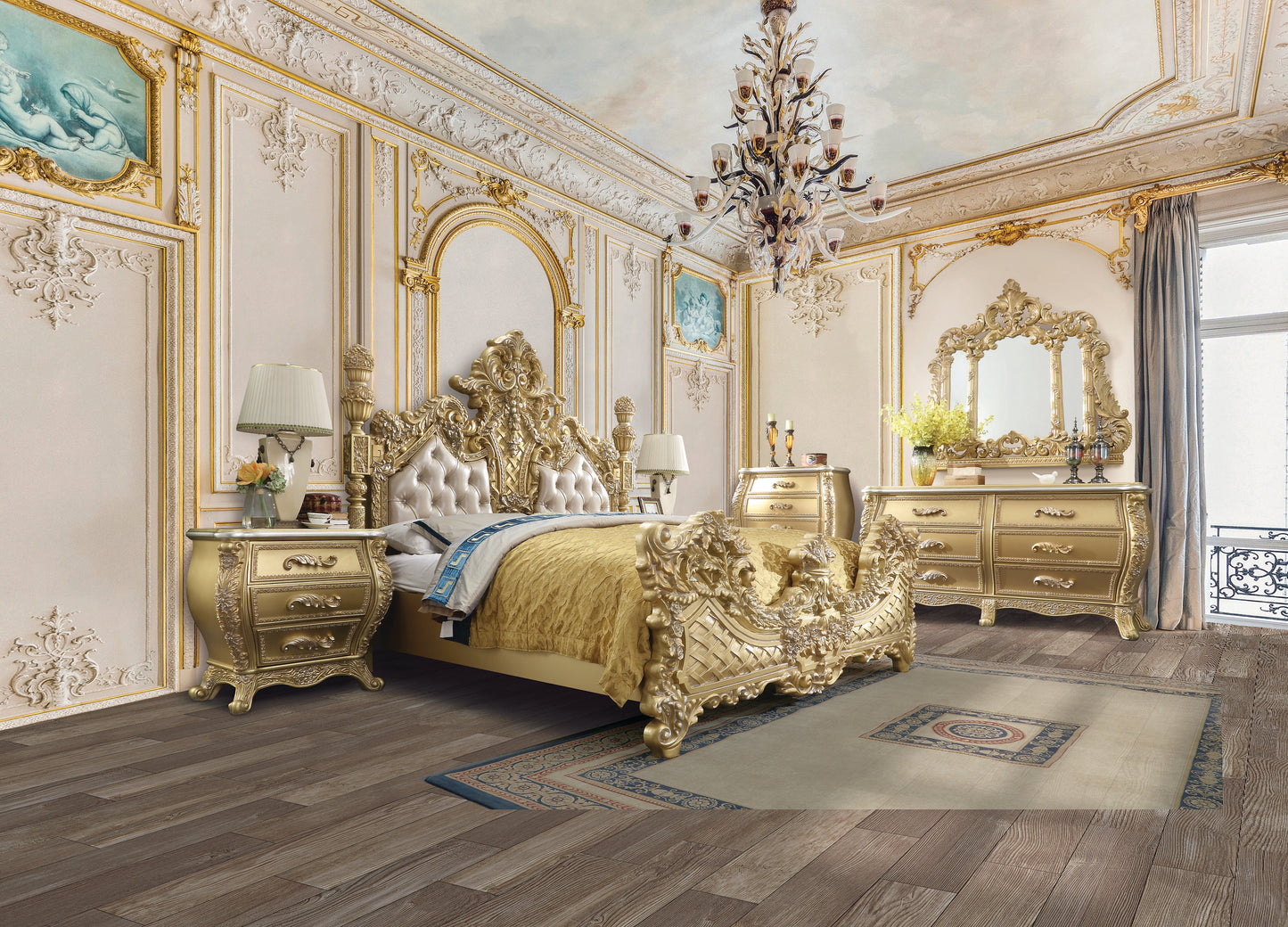 Opulent gold baroque bed with tufted cream headboard and yellow patterned comforter
