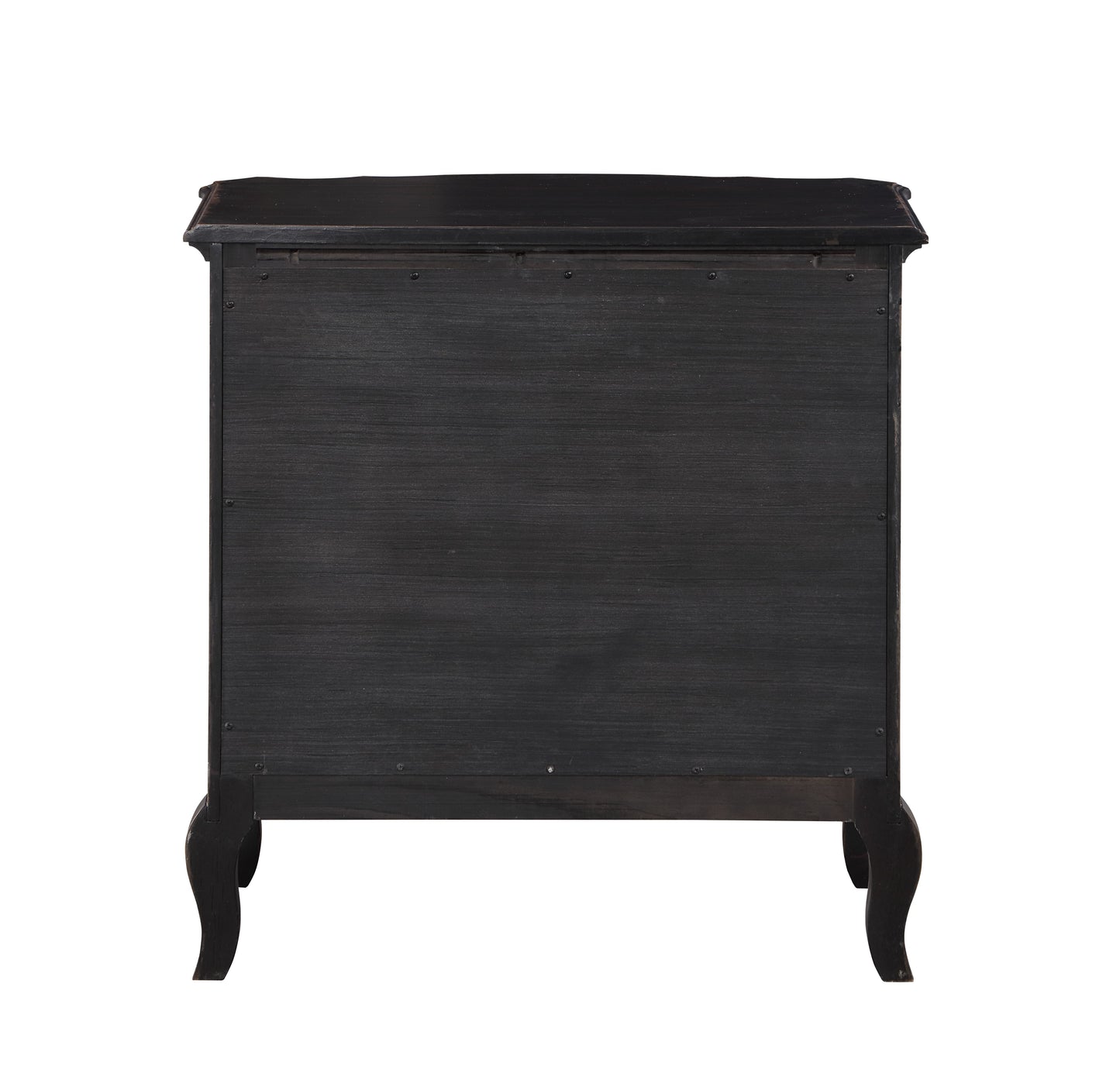 Dark wood antique dresser with ornate cabriole legs seen from the back