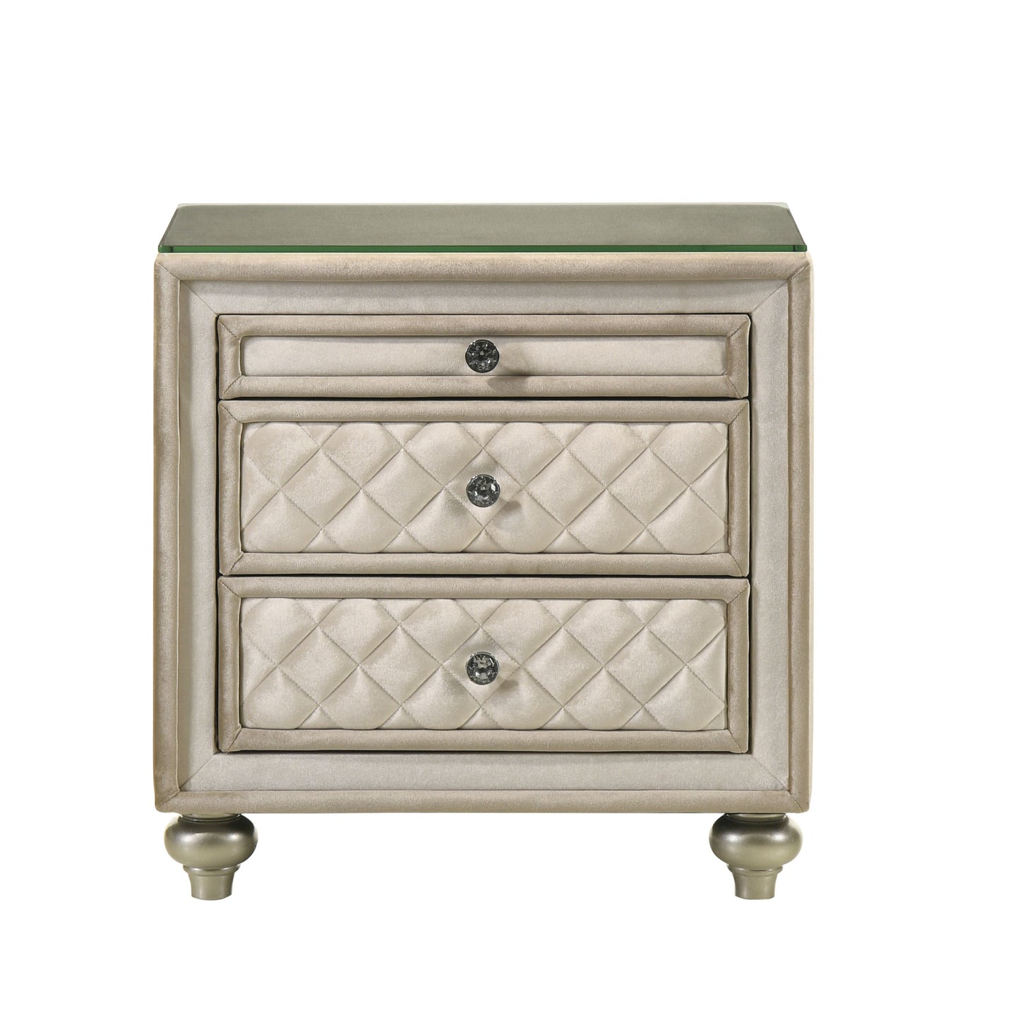 Champagne velvet nightstand with diamond tufting and crystal knob