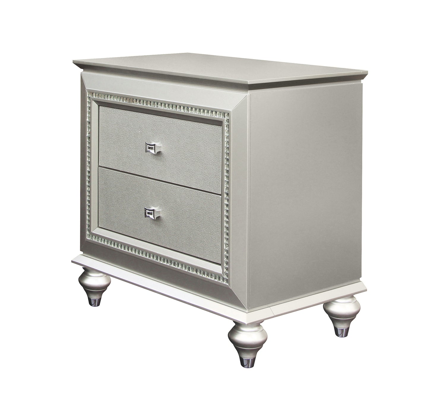 Glamorous silver nightstand with two textured drawers and crystal trim accents