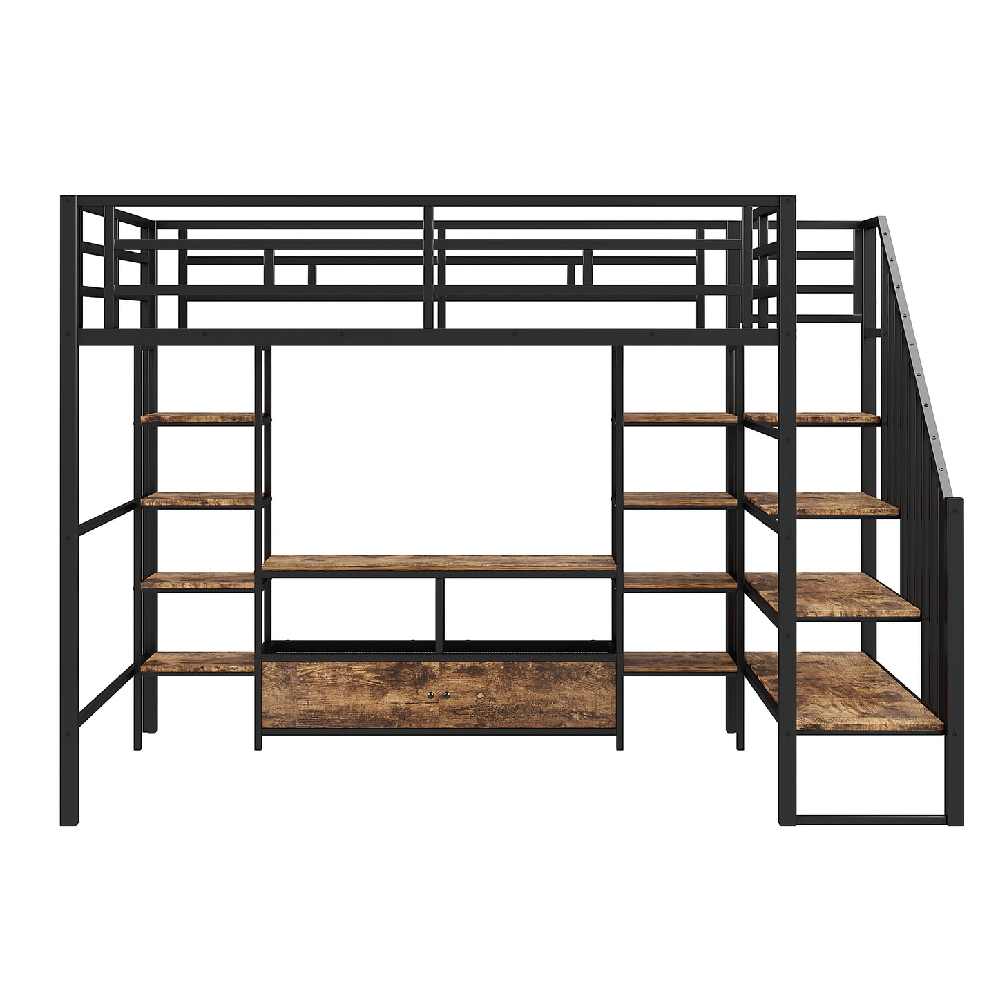 Black metal loft bed with integrated desk and shelving rustic wood finish