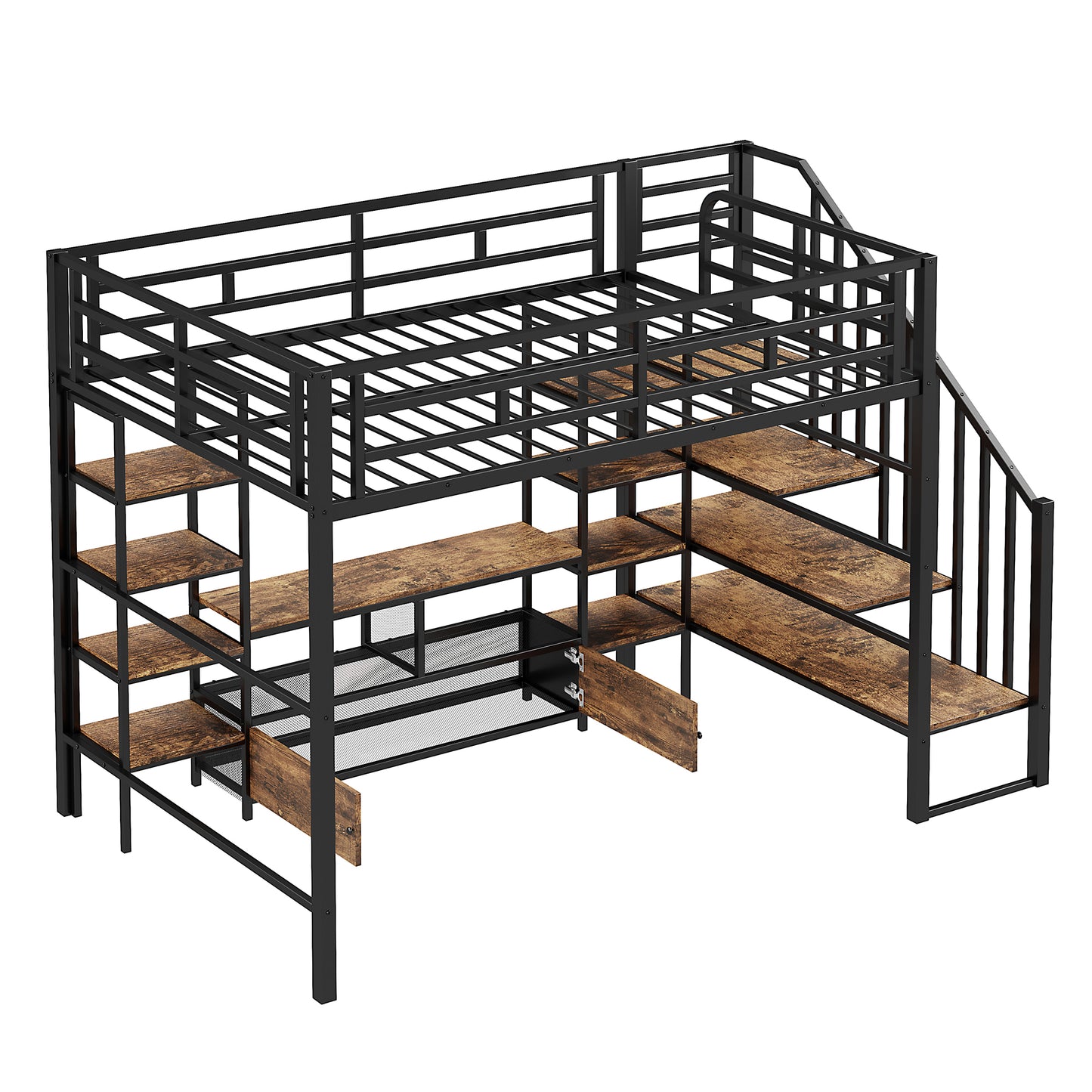 Black metal loft bed with rustic wood shelves and stairs