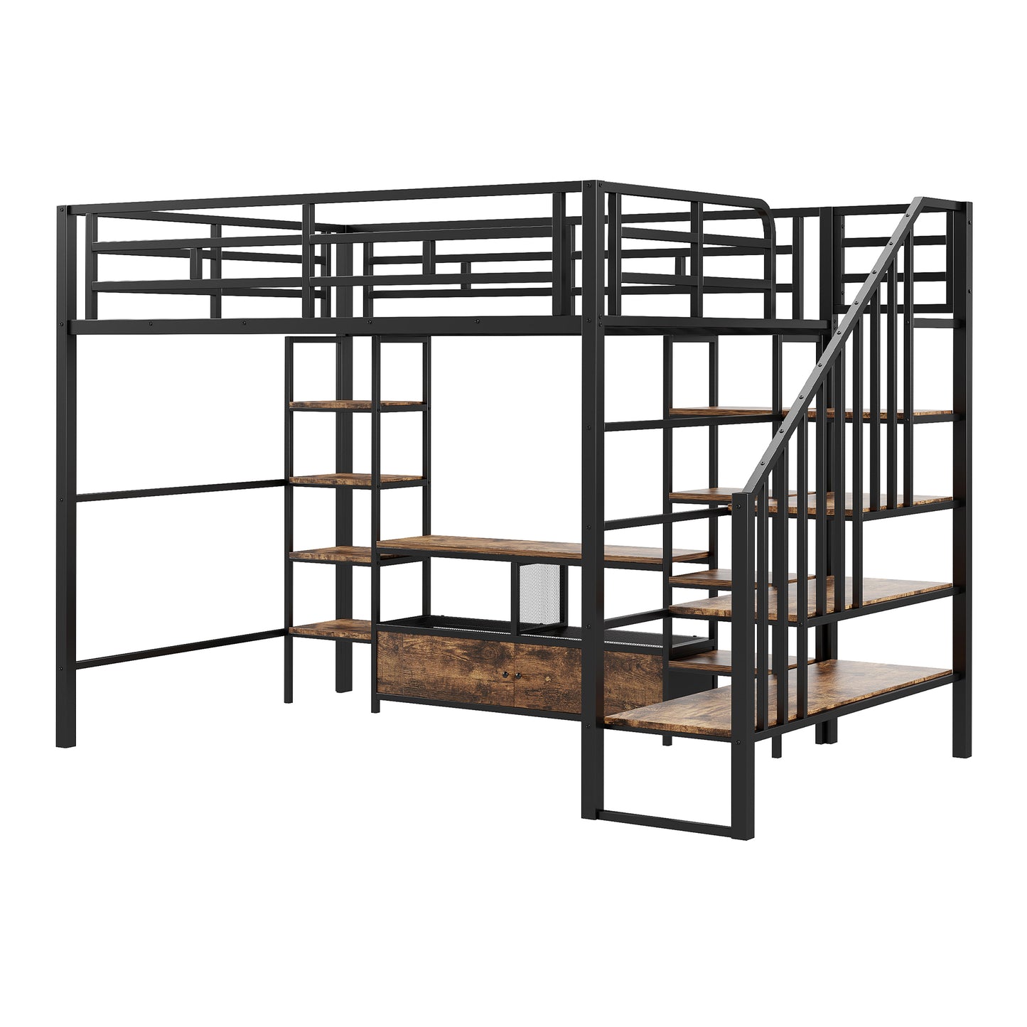 Industrial black metal loft bed with wood shelves and stairs