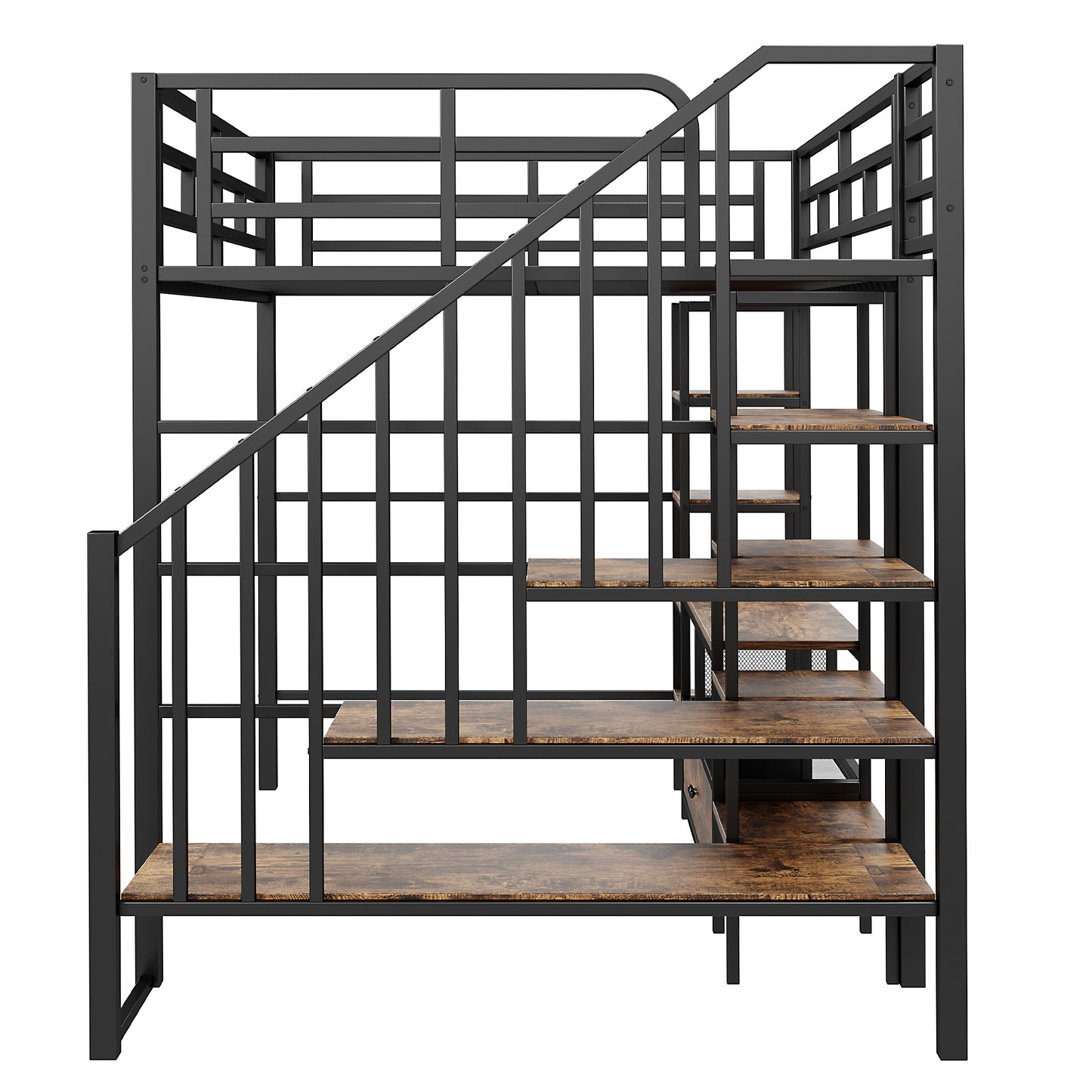 Black metal loft bed with wooden stairs and integrated shelves industrial style