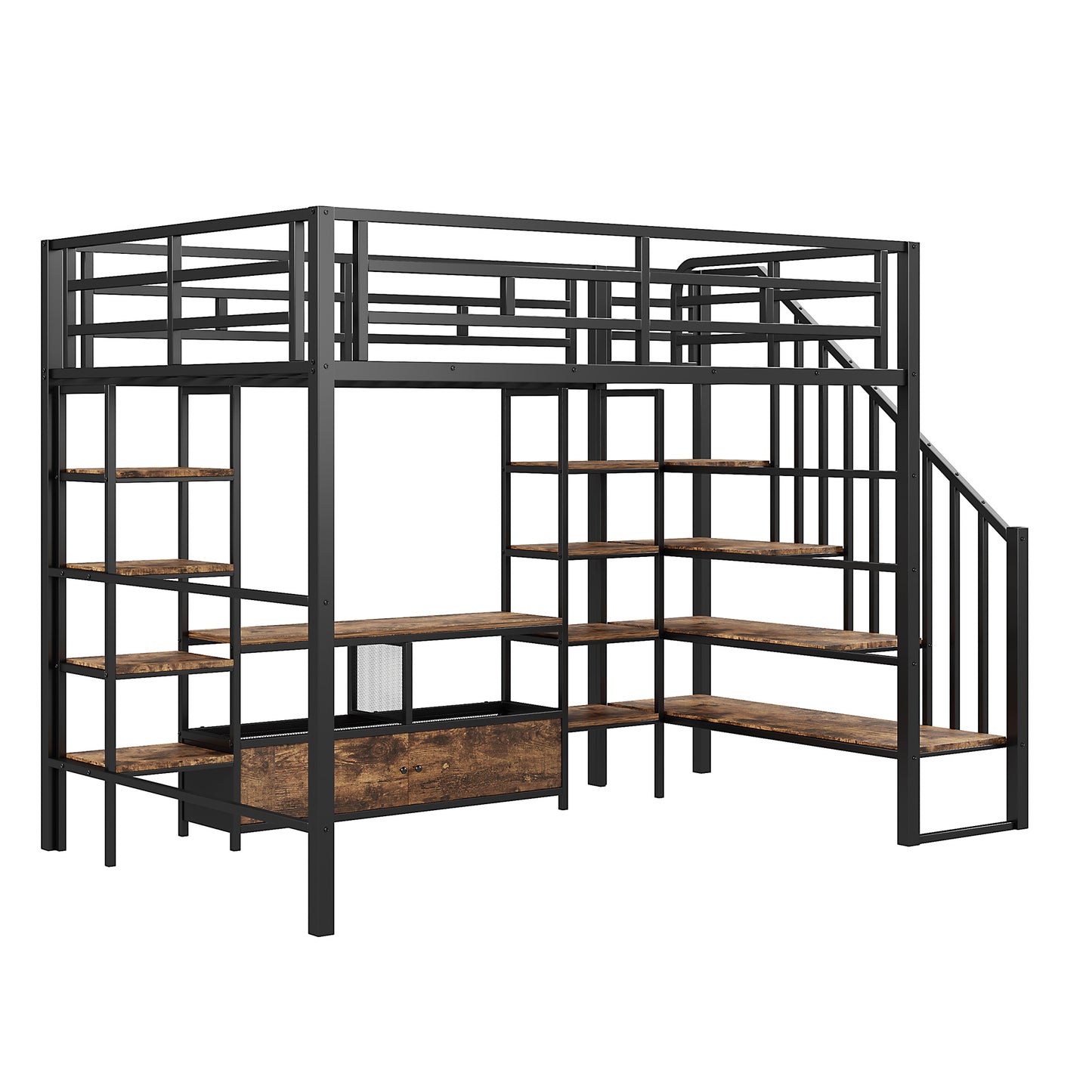 Black metal loft bed with rustic wood shelves and ladder