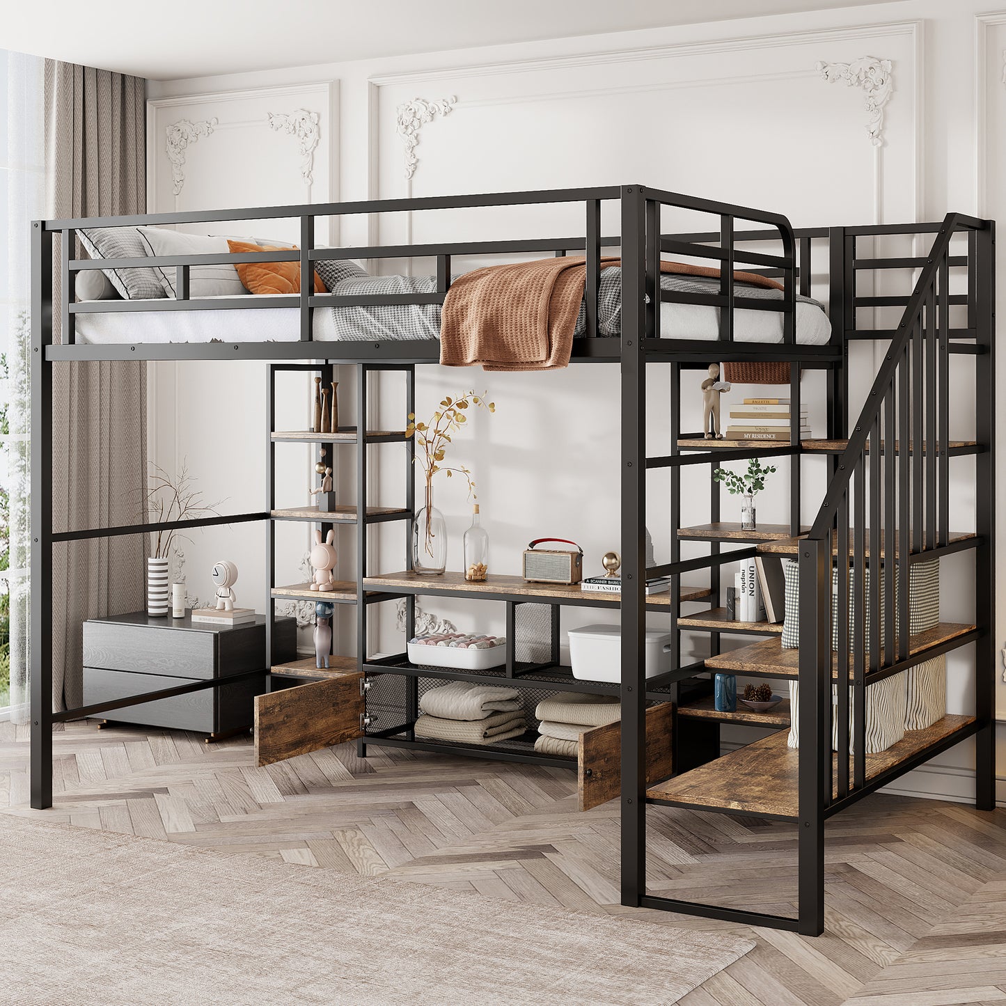 Black metal loft bed with integrated shelves and stairs suitable for small spaces