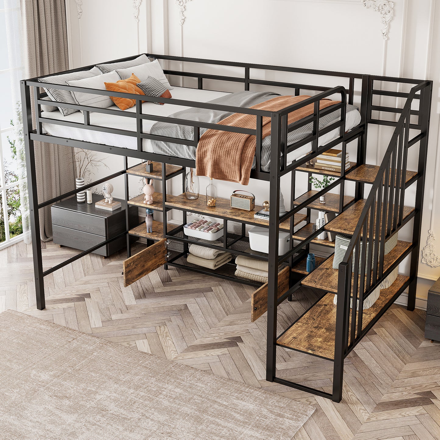 Black metal loft bed with integrated shelving and stairs ideal for small spaces
