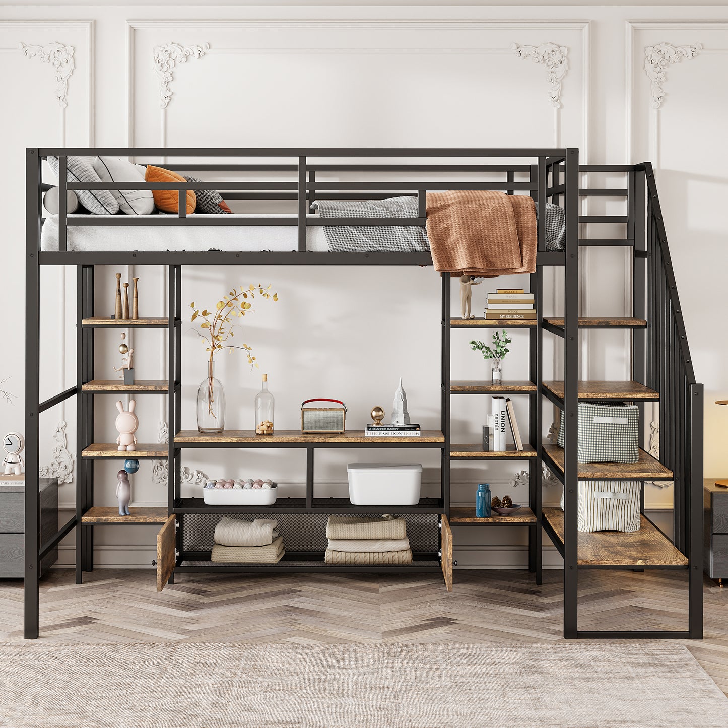Black metal loft bed with integrated shelving and stairs perfect for small spaces