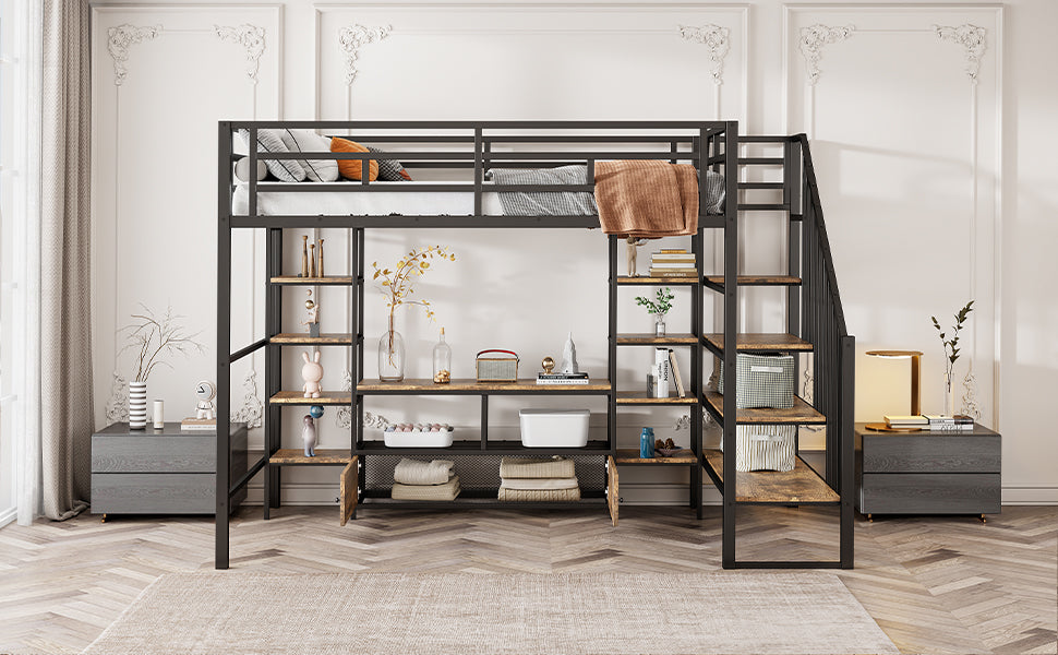 Black metal loft bed with builtin shelves and stairs perfect for small bedrooms