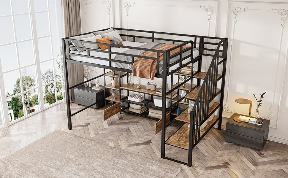 Black metal loft bed with integrated staircase and rustic wood shelves queen size