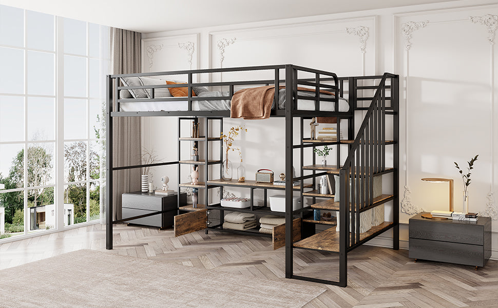 Black metal loft bed with integrated shelving and stairs ideal for small spaces