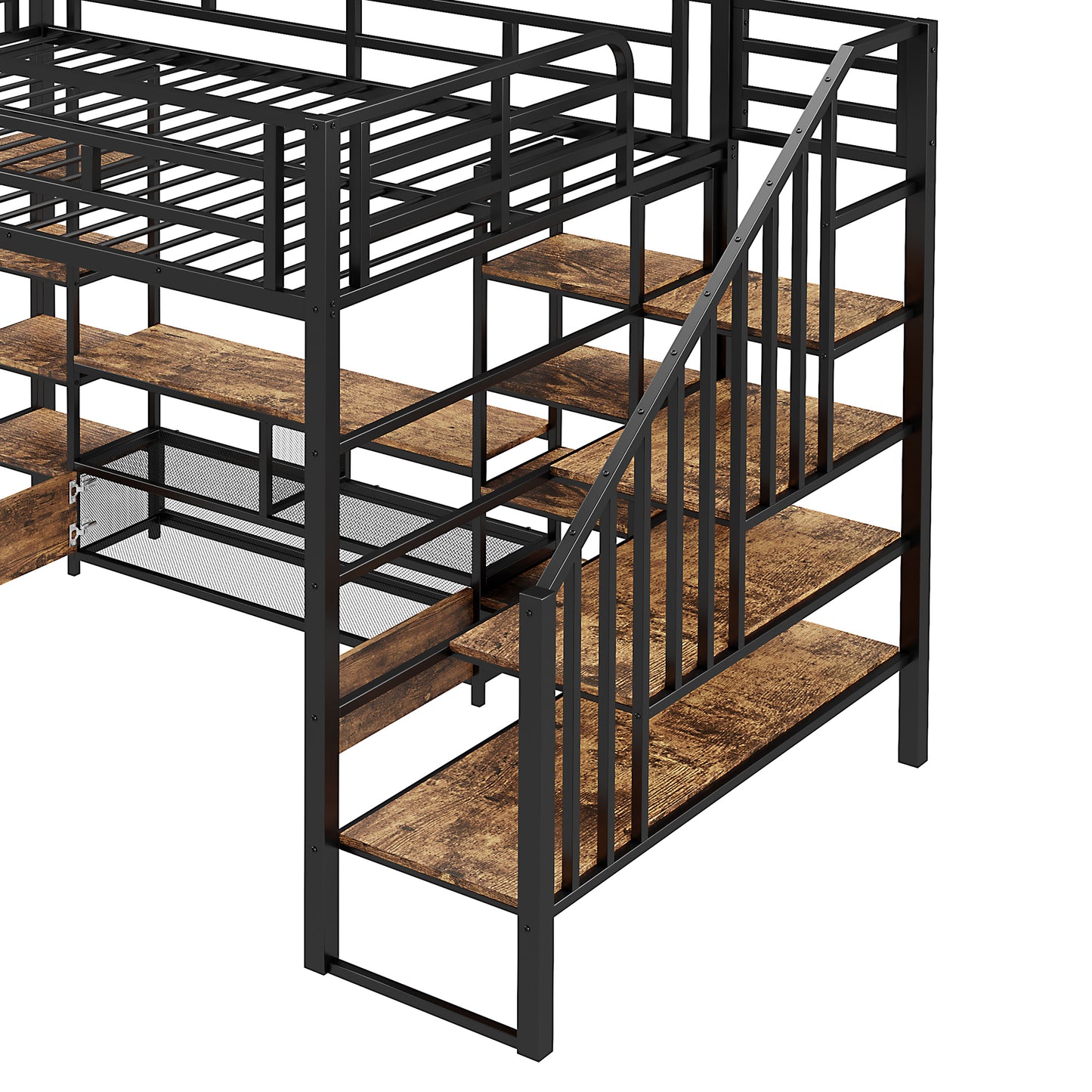 Black metal loft bed with woodgrain shelves and stairs for children
