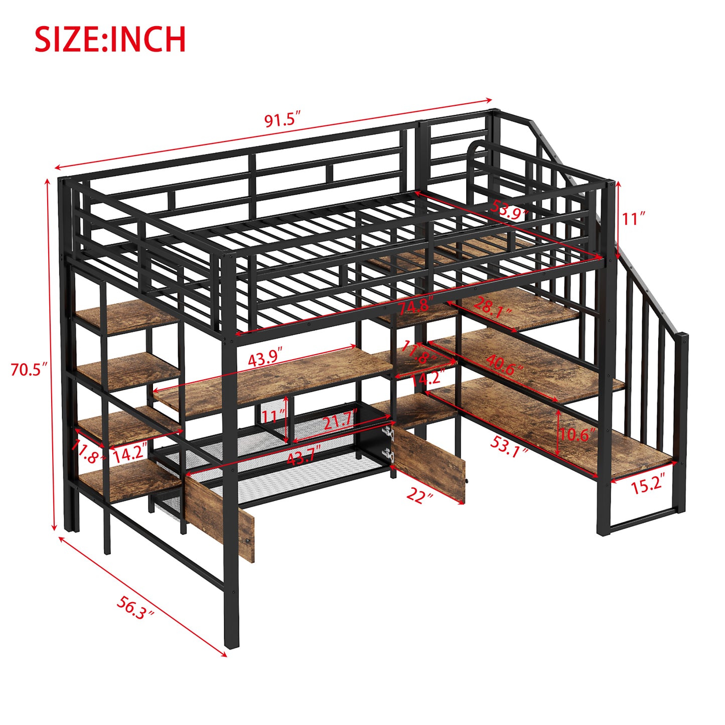 Black metal loft bed with wood shelves and integrated desk