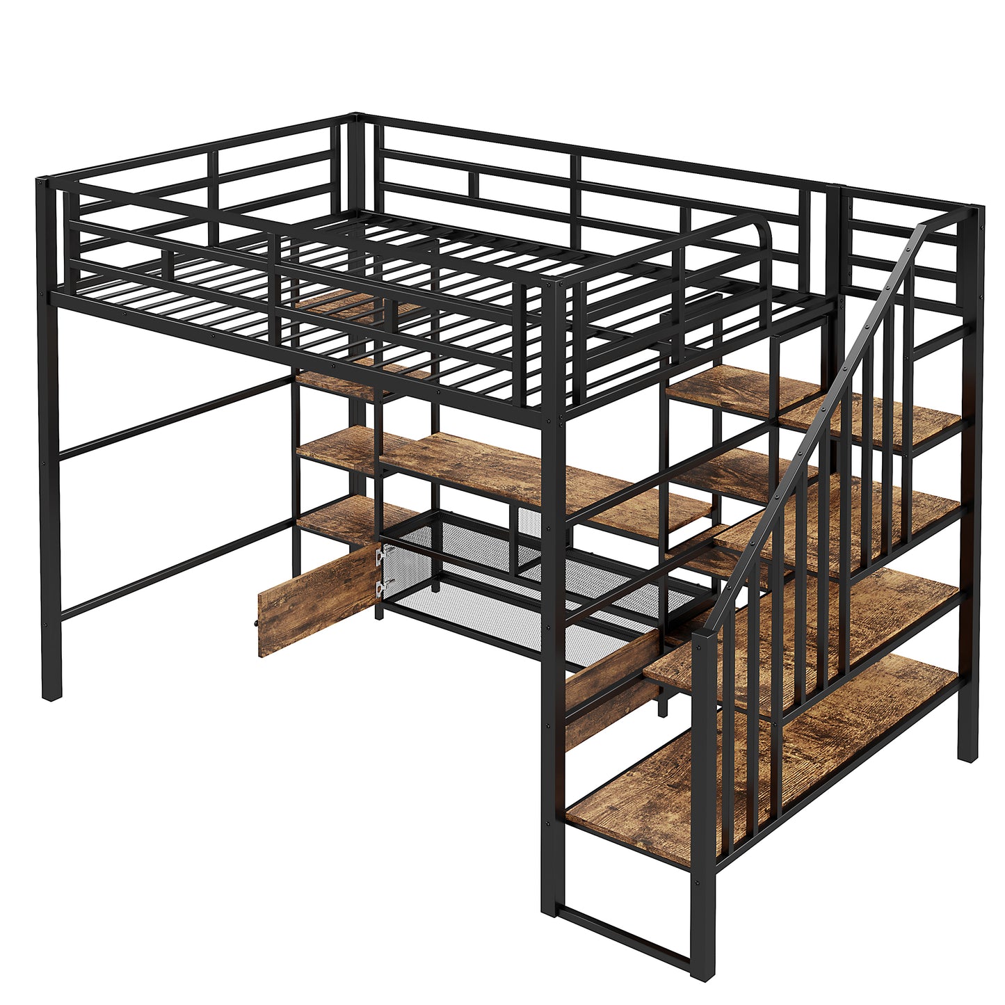 Black metal loft bed with rustic wood shelves and integrated stairs for a spacesaving design