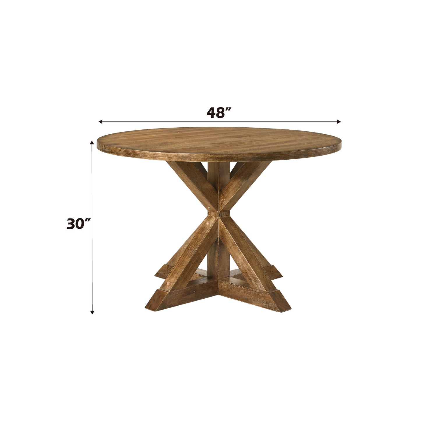 Round wooden dining table with rustic finish and crossleg pedestal base