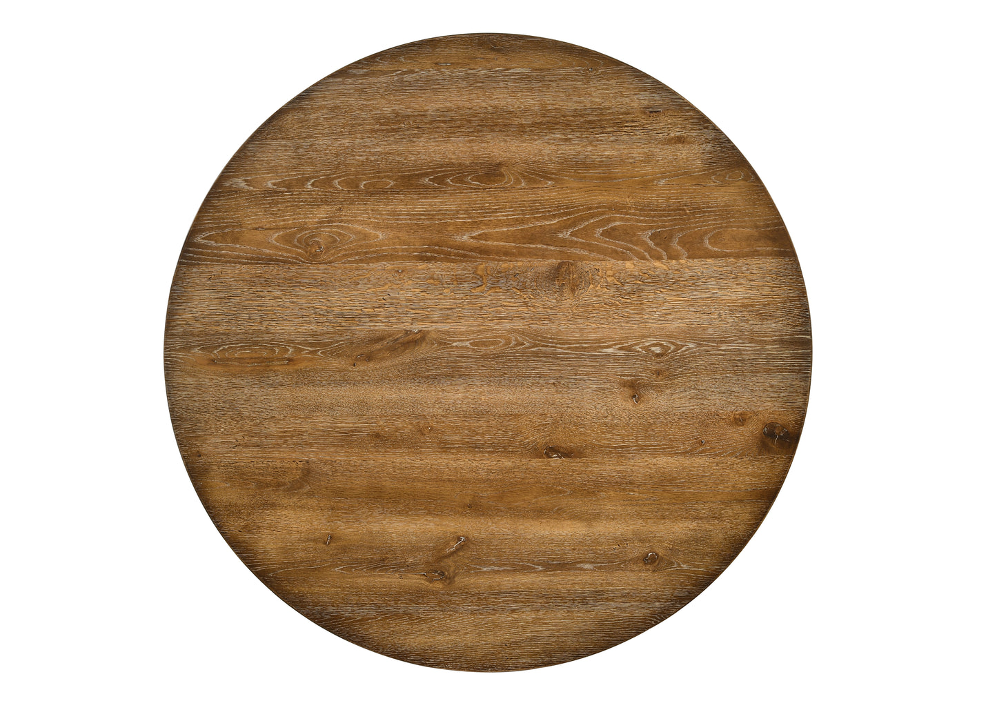 Round oak veneer table top with distressed finish