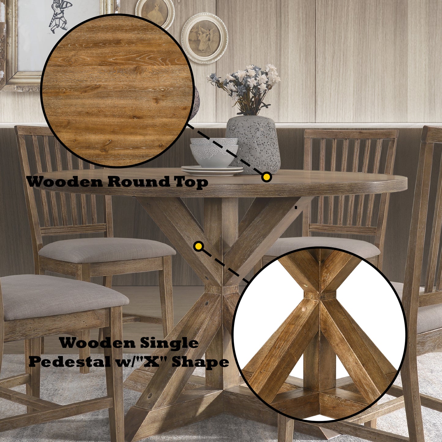 Rustic oak round dining table with detailed wooden grain and a single pedestal base