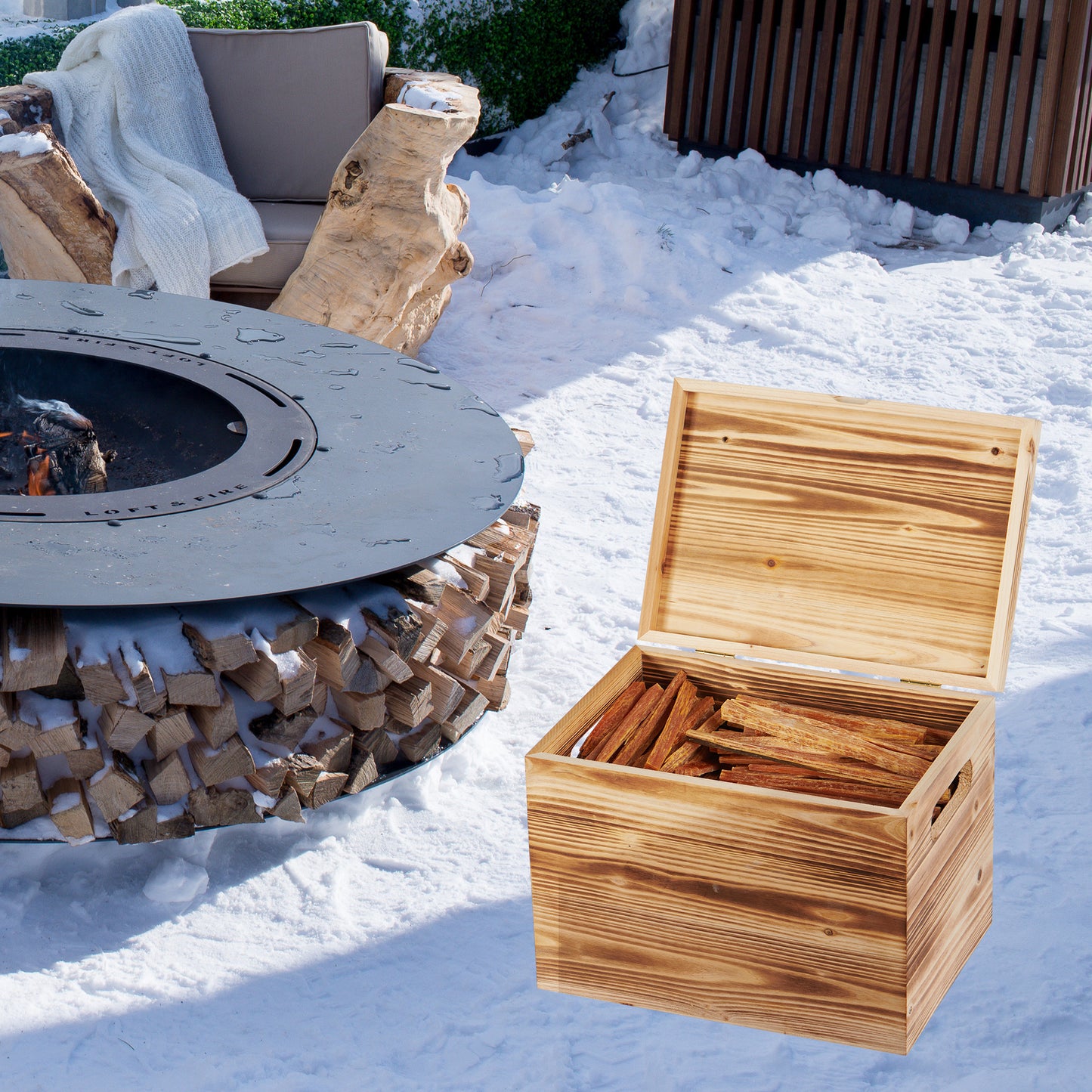 Wooden fire starter box filled with kindling sticks perfect for outdoor fires