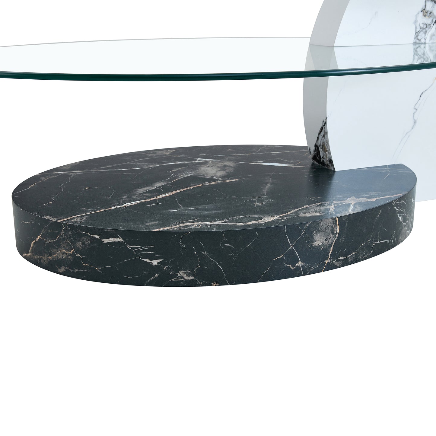 Round black marble coffee table with glass top and abstract white marble base