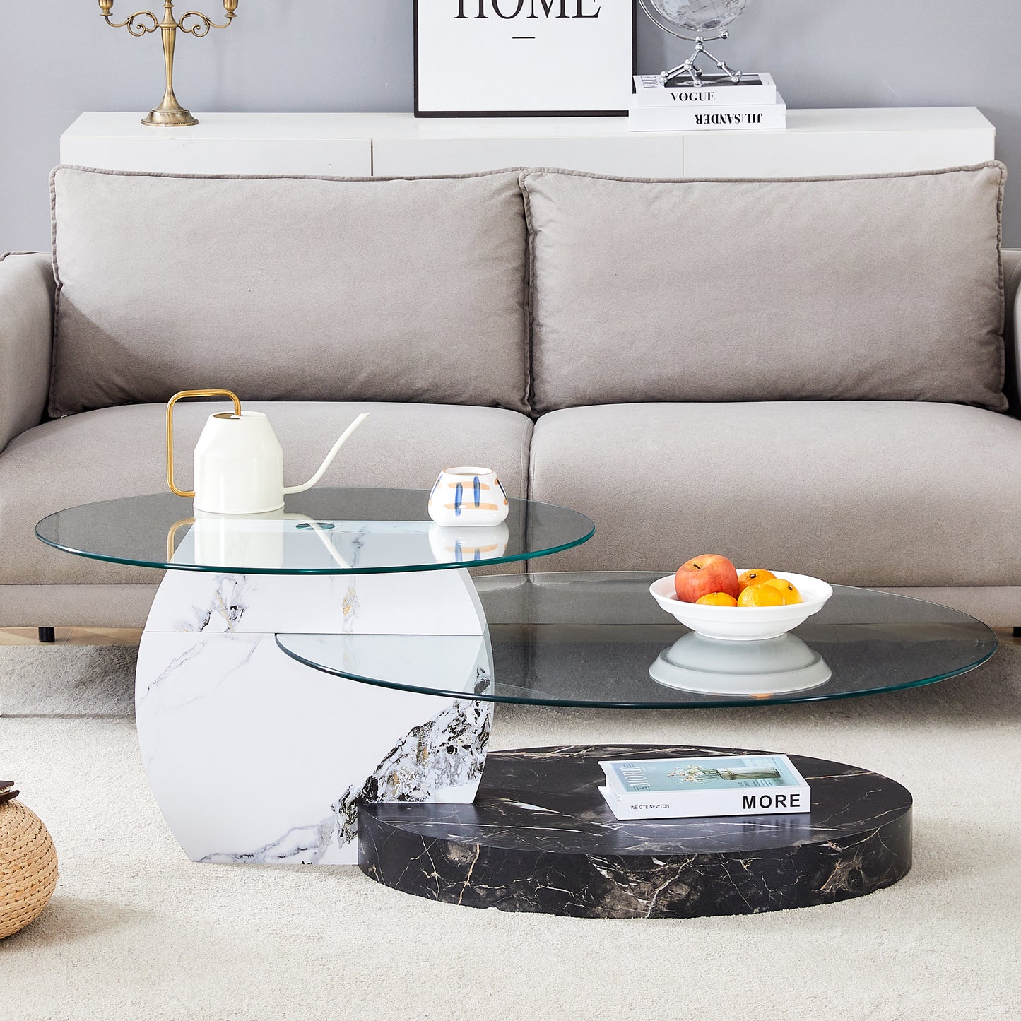 Modern marble coffee table with two glass tops and unique sculpted base