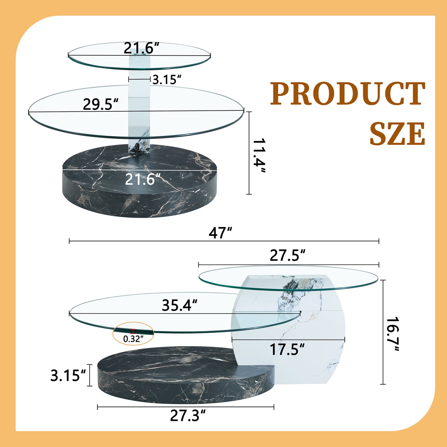 Modern nesting coffee tables with black marble bases and clear glass tops wide