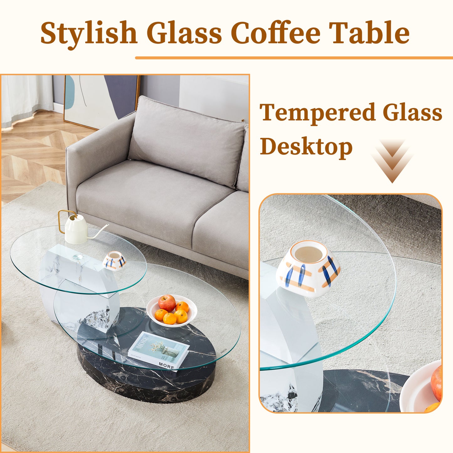 Round tempered glass coffee table with marblepatterned base