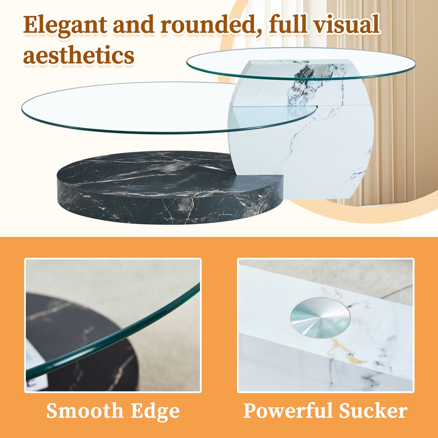 Modern nesting coffee table with two clear glass tops and marblepatterned bases