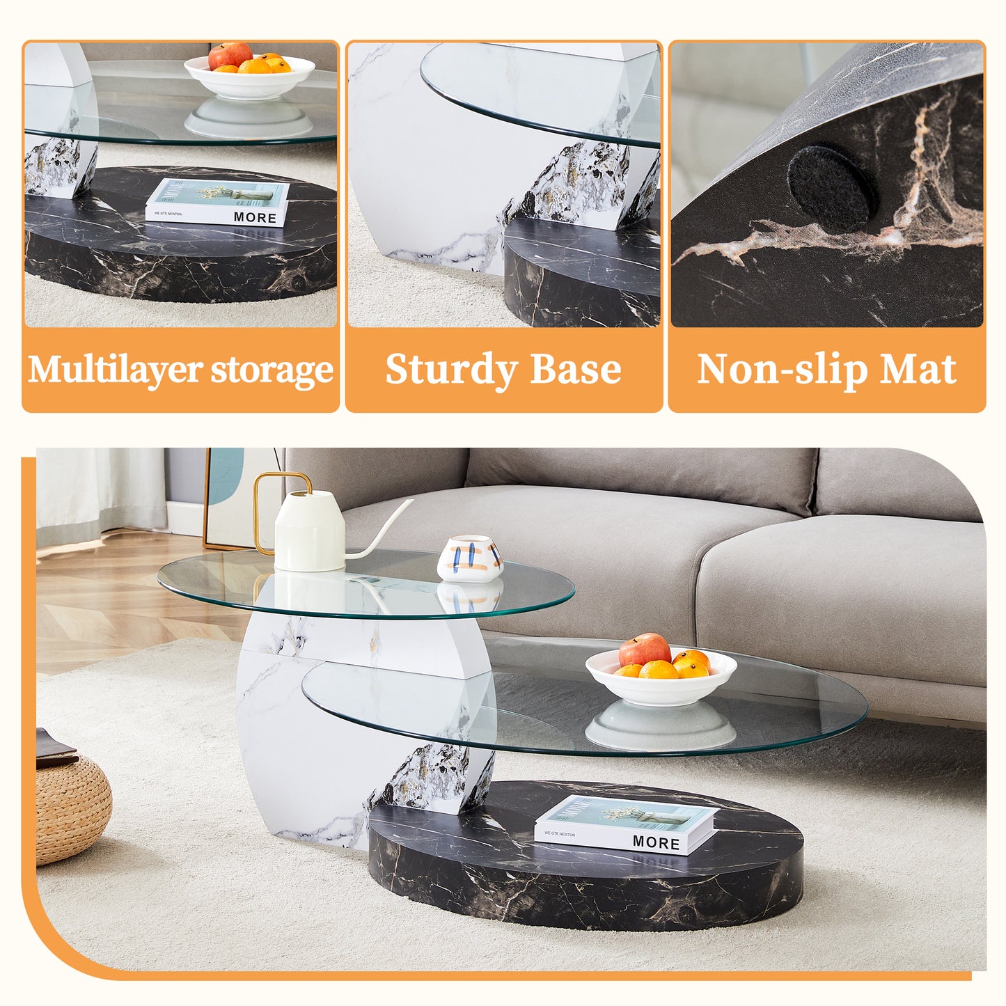 Oval coffee table with black marble base glass top and white pedestal