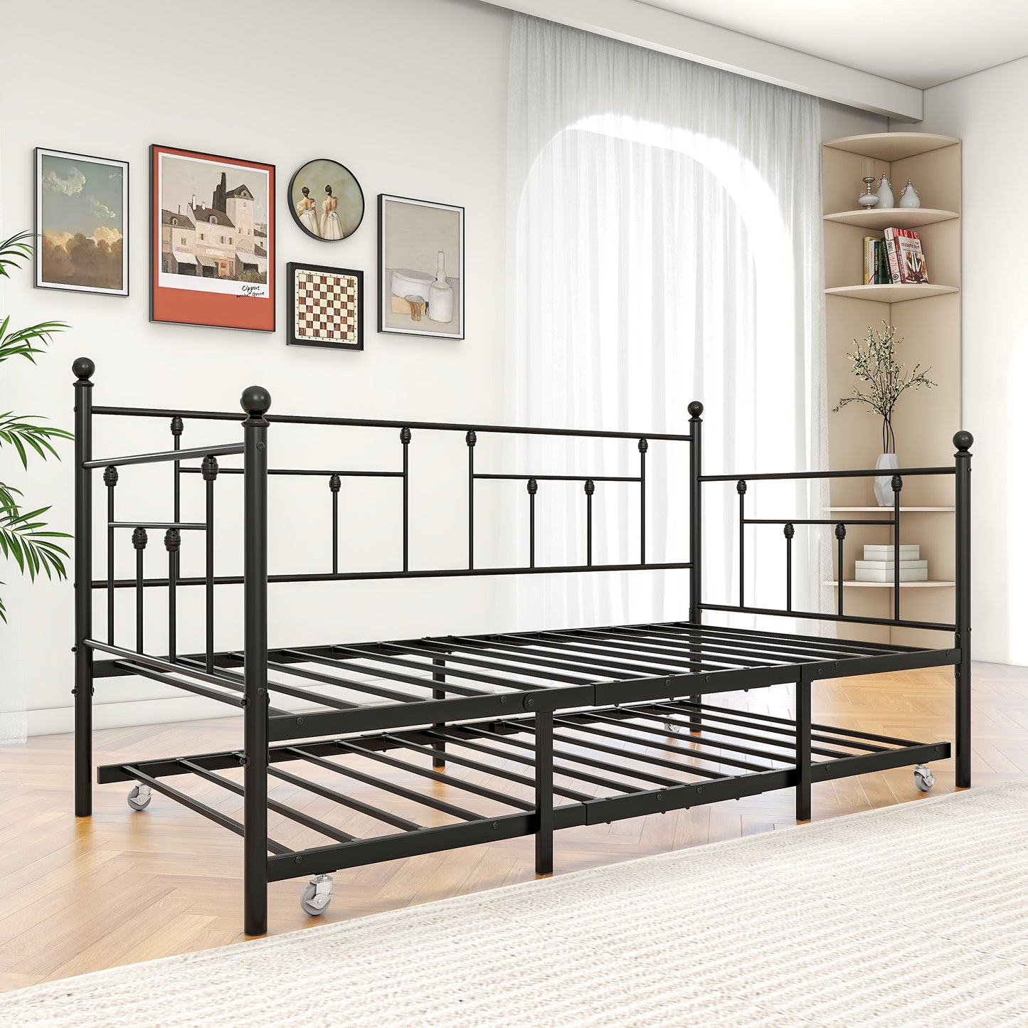 Black metal daybed with pullout trundle for guest room