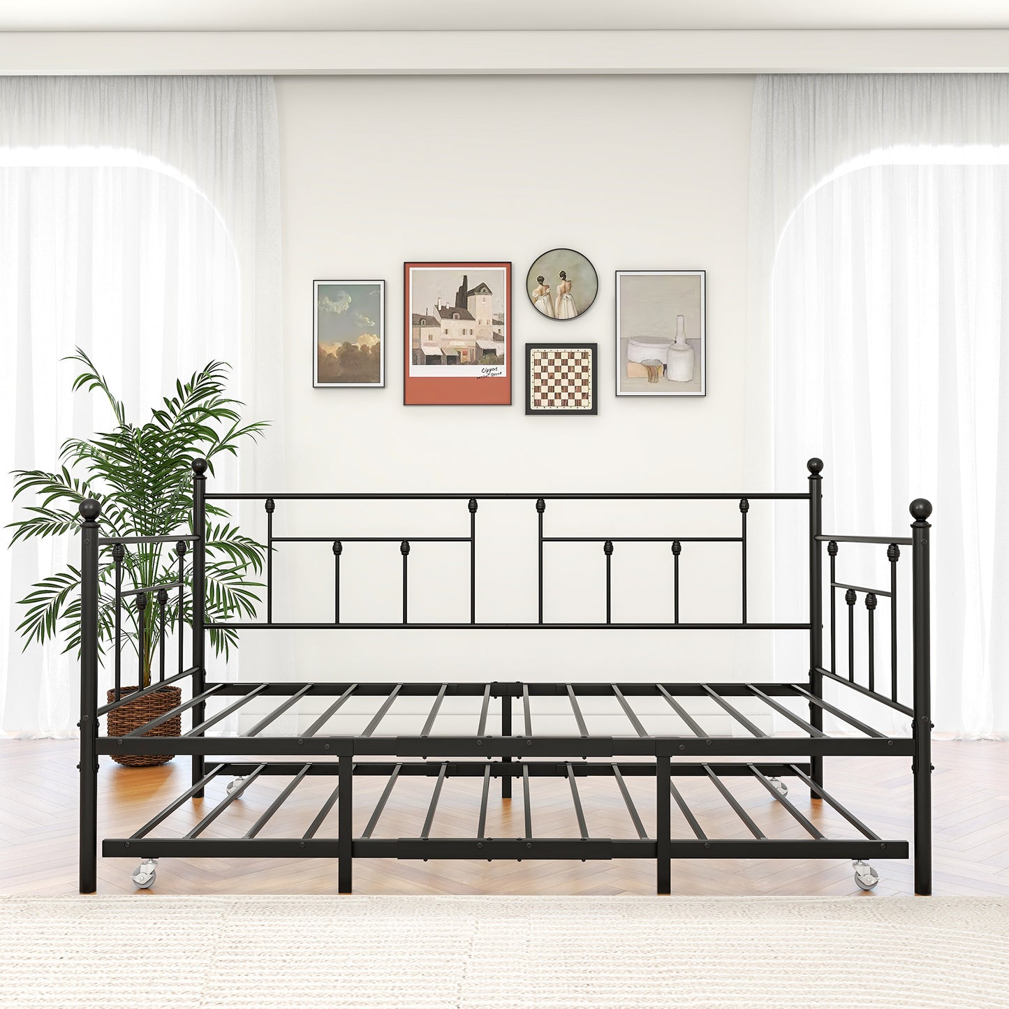 Black metal bed frame with ornate headboard and footboard perfect for modern bedrooms