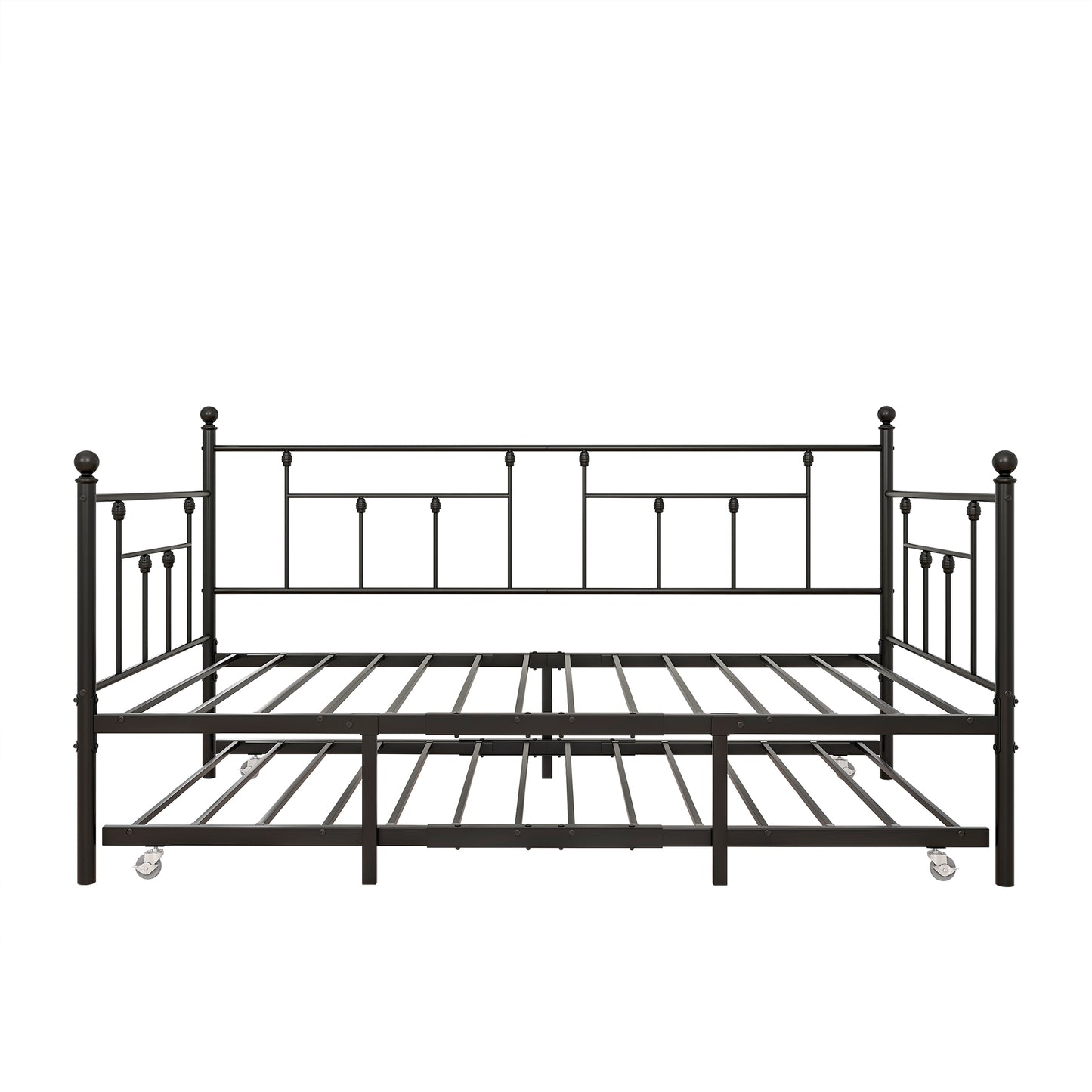 Black metal daybed frame with decorative finials and pullout trundle on casters