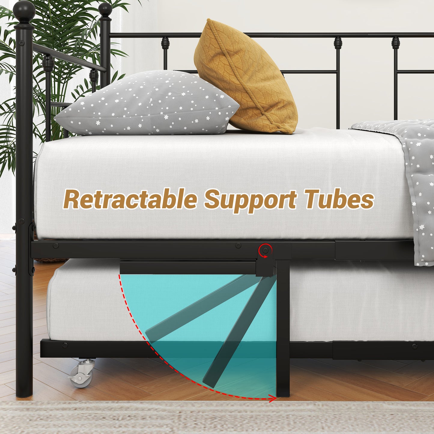 Black metal daybed frame with retracted trundle featuring ball finials and wheeled legs