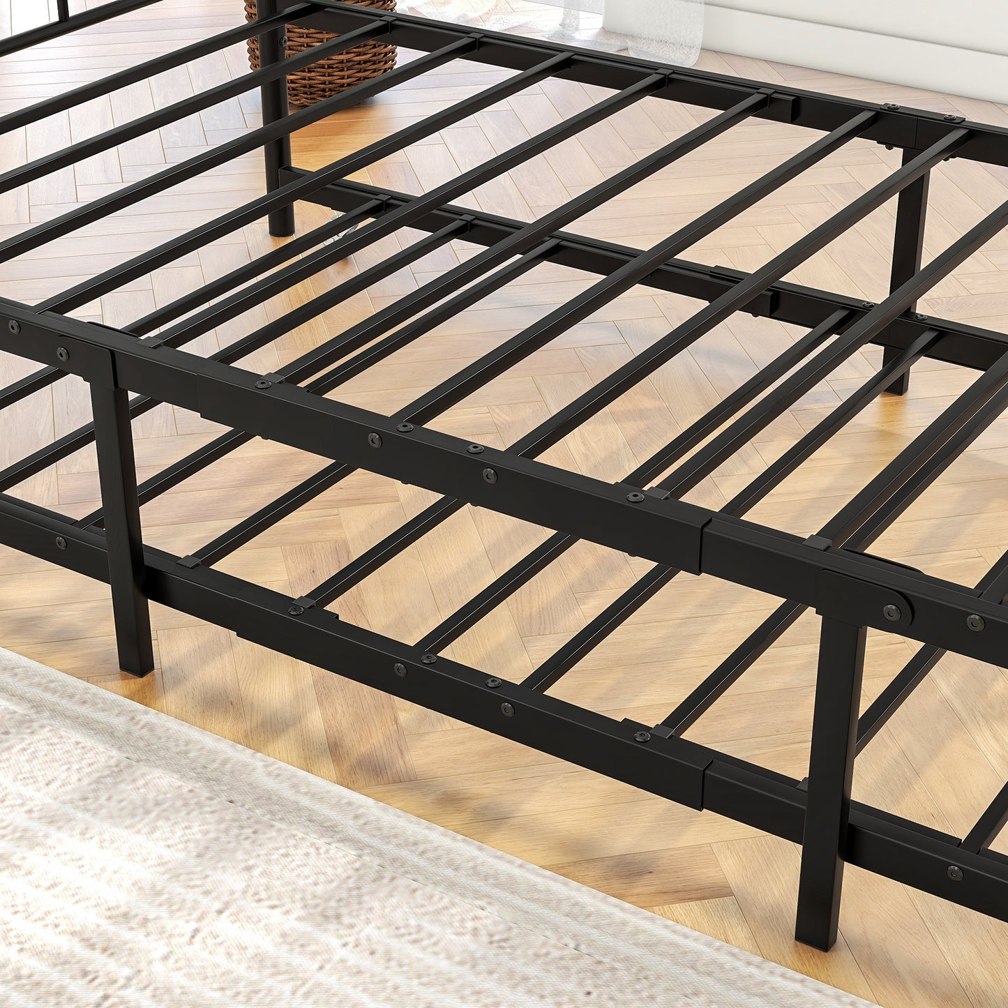 Black metal bed frame with sturdy slatted support ideal for mattress bases