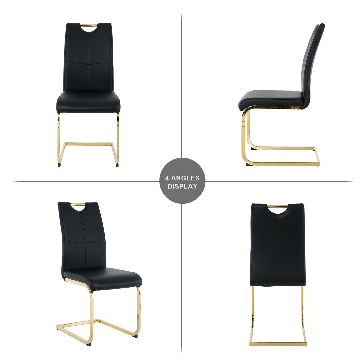 Sleek black faux leather dining chair with gold cantilever base and handle cutout