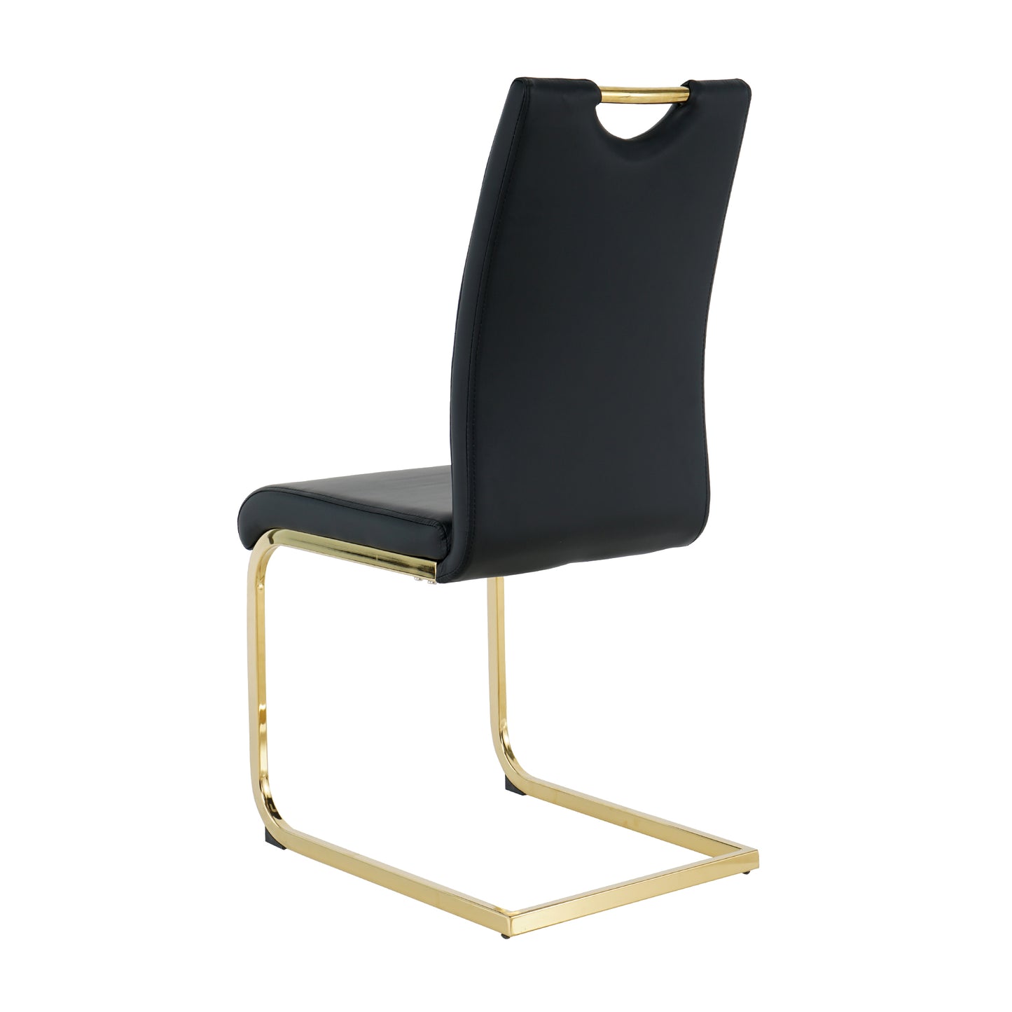 Black leather dining chair with gold cantilever base and curved backrest