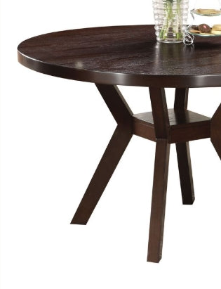 Dark wood round dining table with angled legs and subtle wood grain texture