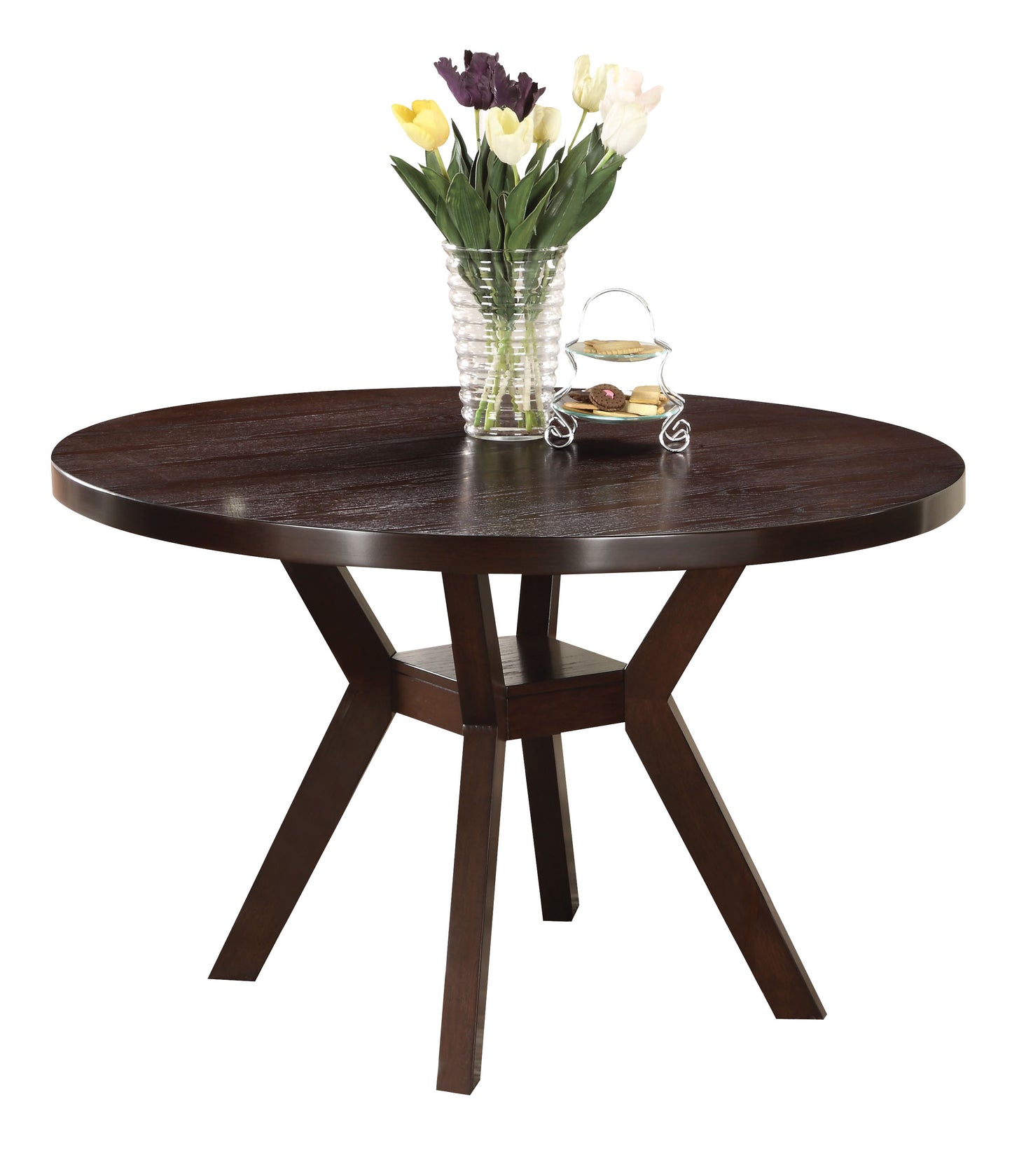 Dark wood round dining table with Xshaped pedestal base