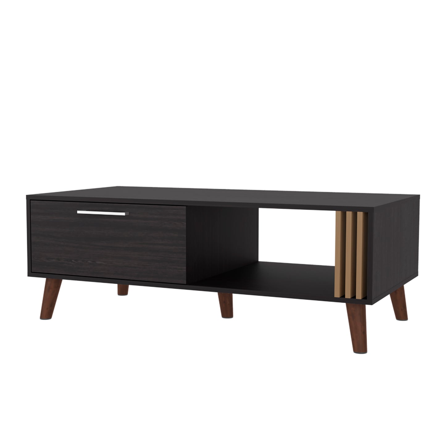 Dark wood coffee table with a drawer and open shelving featuring midcentury modern tapered legs