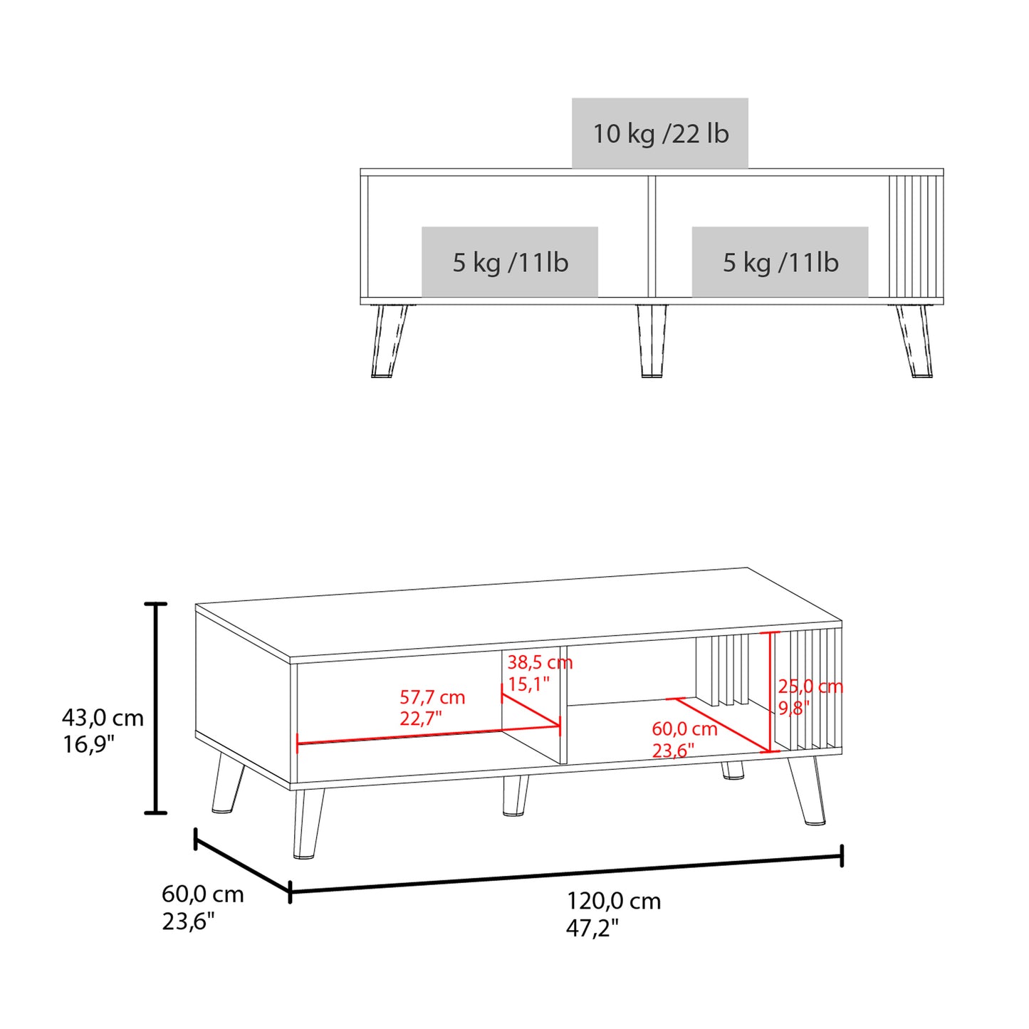 Diagram of a modern TV stand with dimensions and weight capacities cm length