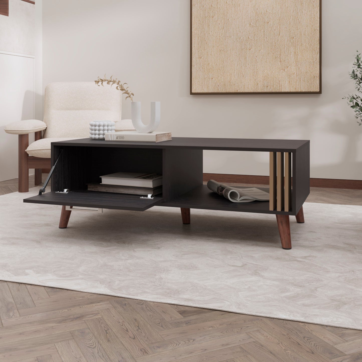 Dark brown wooden coffee table with open storage and angled legs