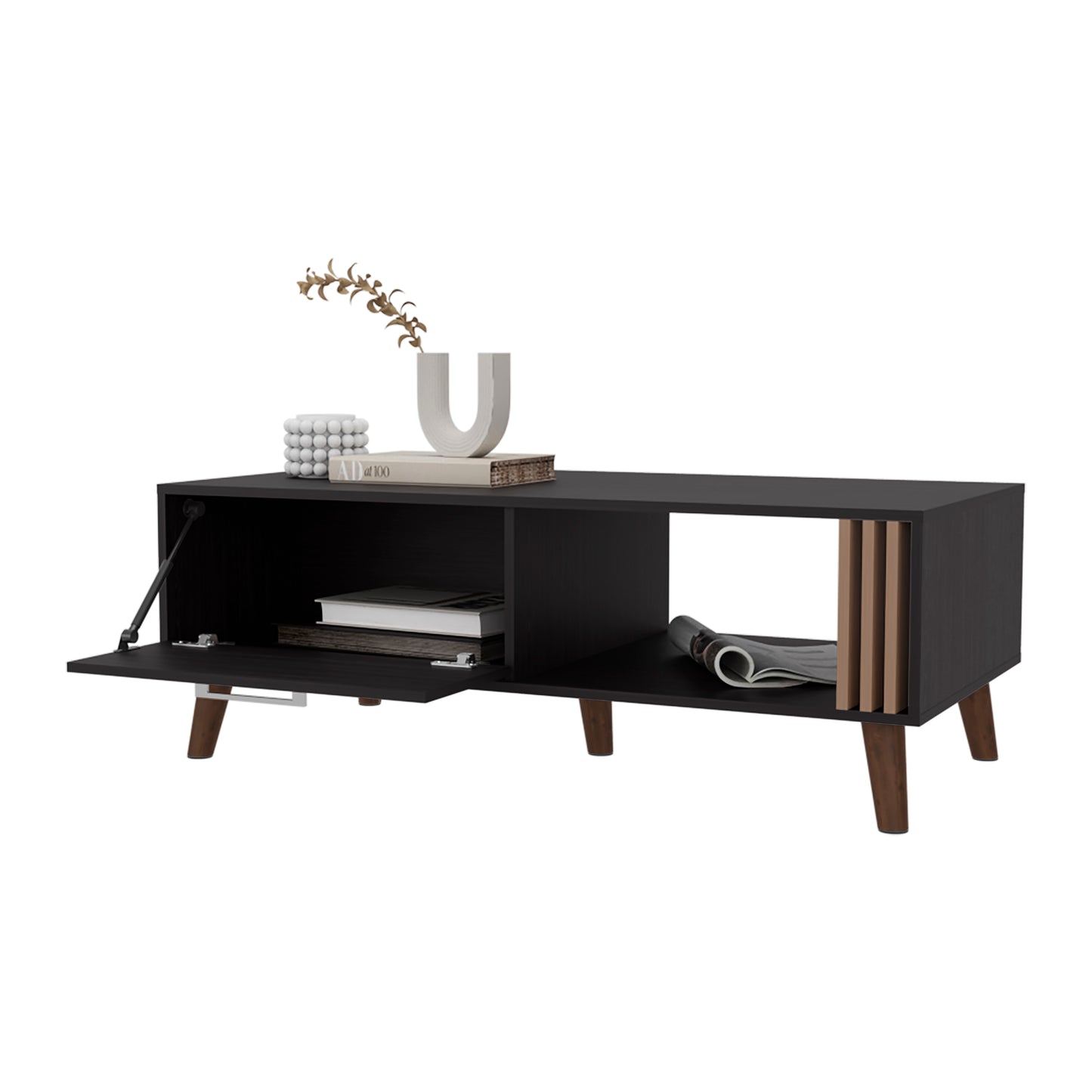 Modern black TV stand with one open shelf and one cabinet angled wooden legs