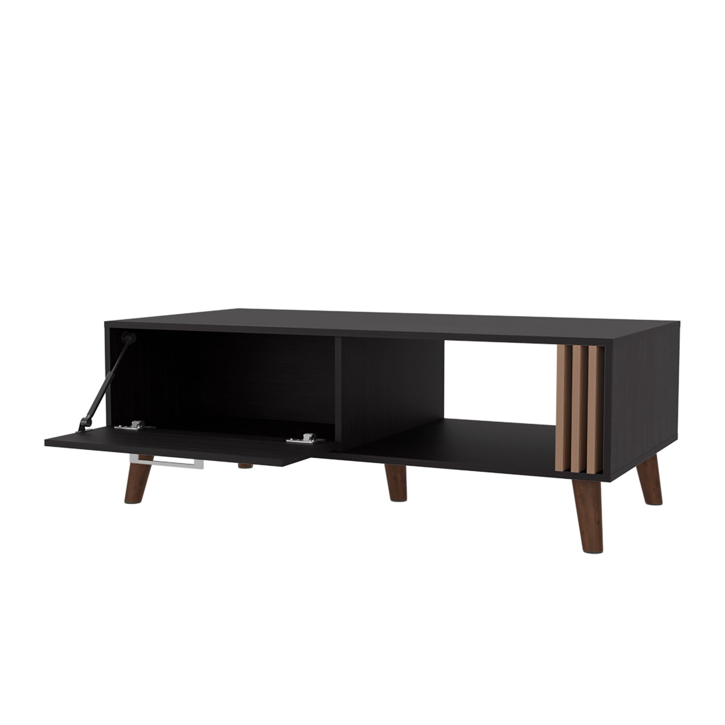 Modern black media console with open shelf and lifting cabinet door midcentury legs