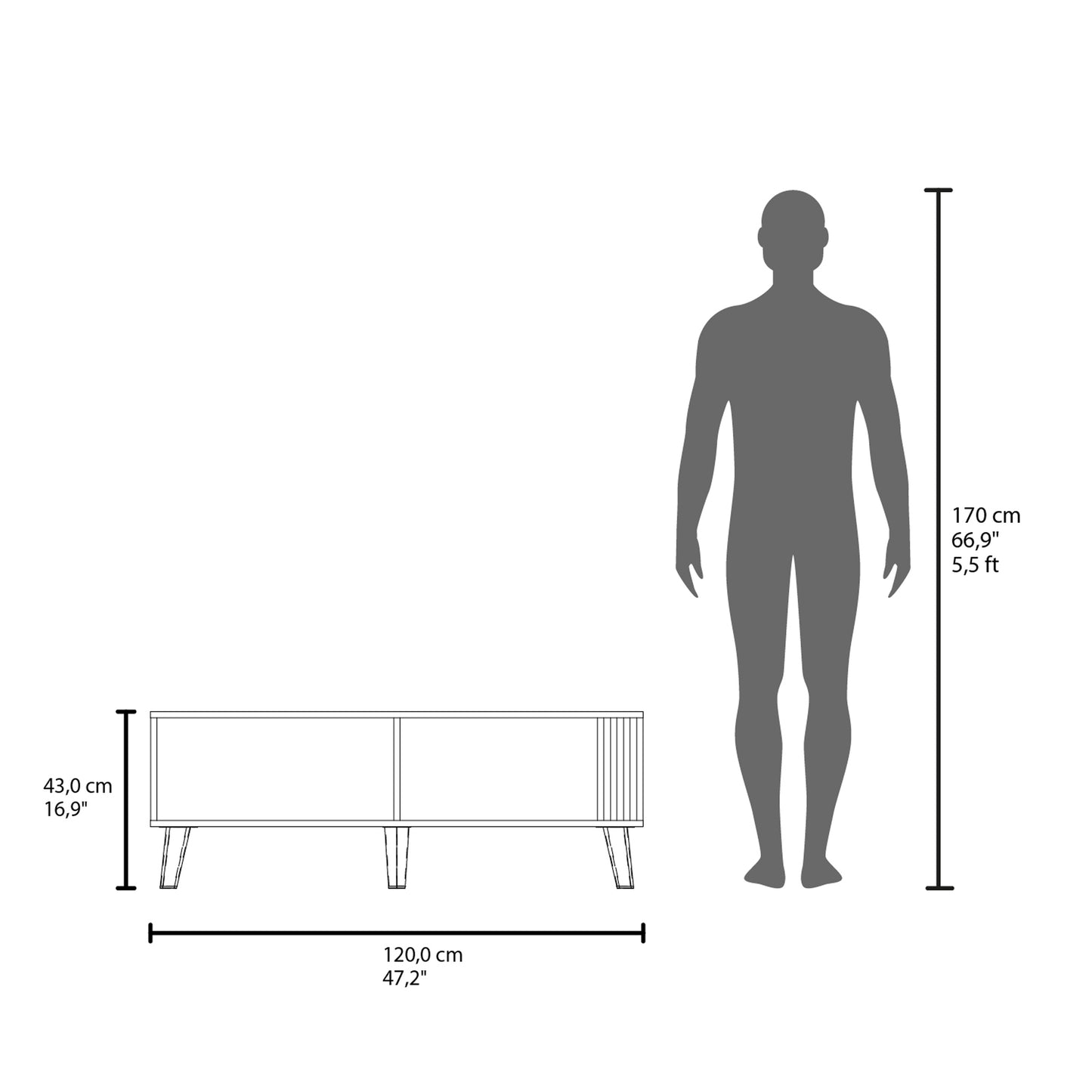 Line drawing of a low minimalist media console with tapered legs for scale comparison
