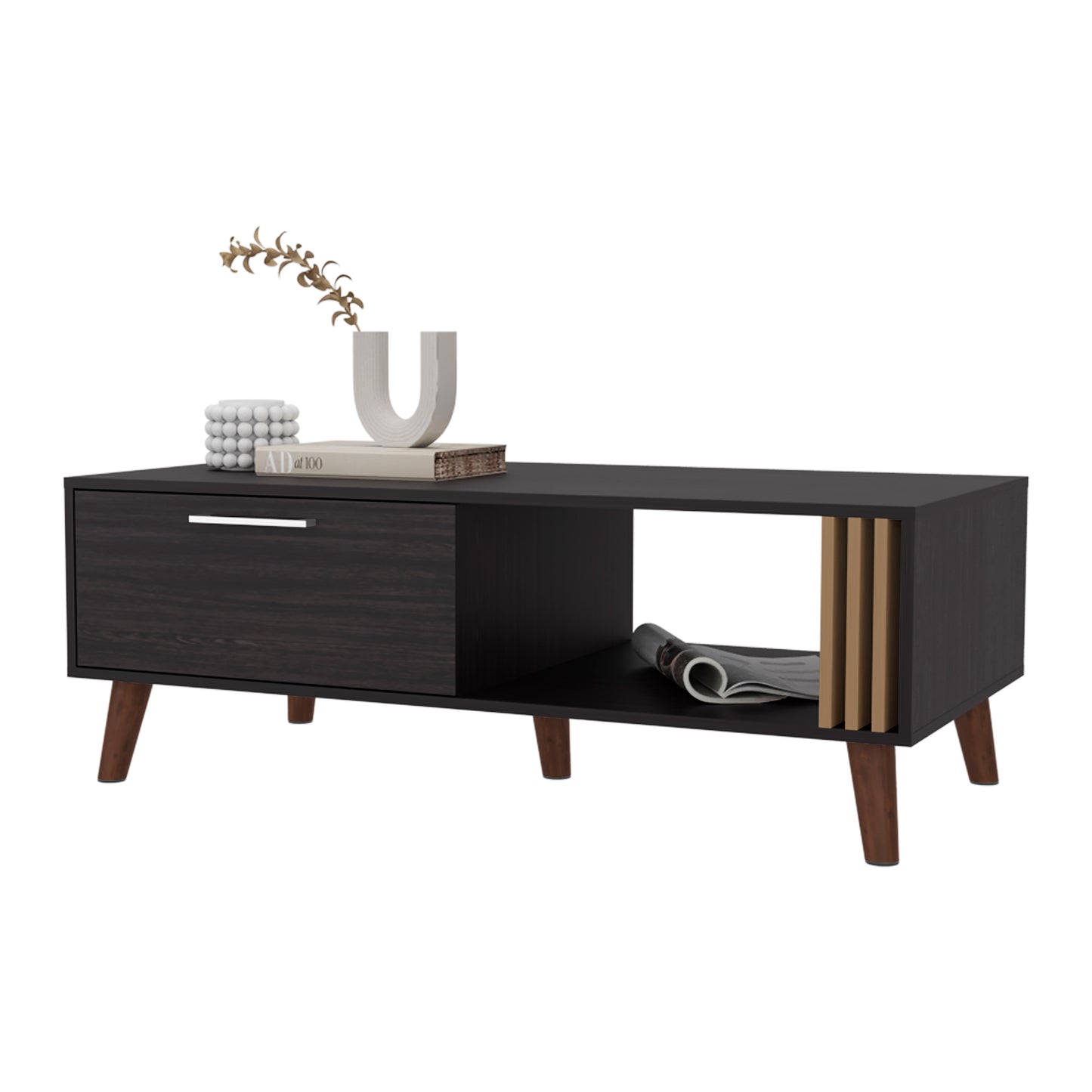 Dark espresso wood media console with tapered legs and open shelving