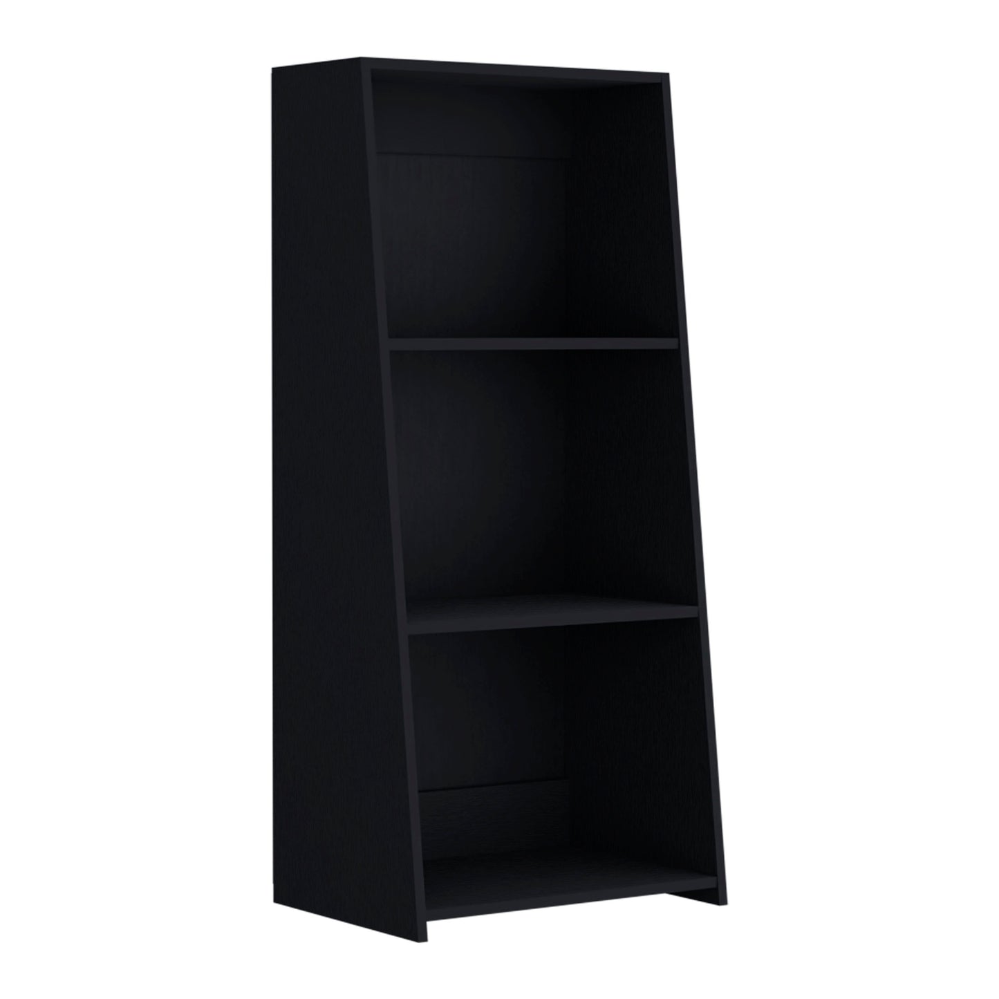 Sleek black open shelving unit with three tiers perfect for modern living room storage